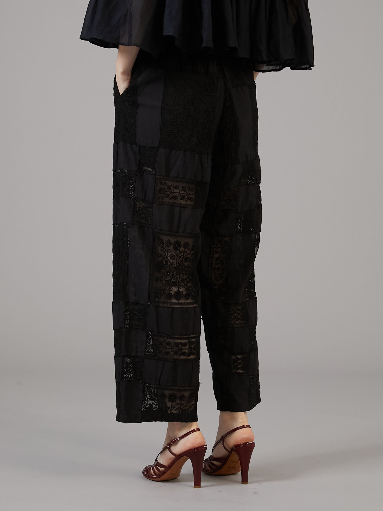 patchwork embroidery pants｜BLACK