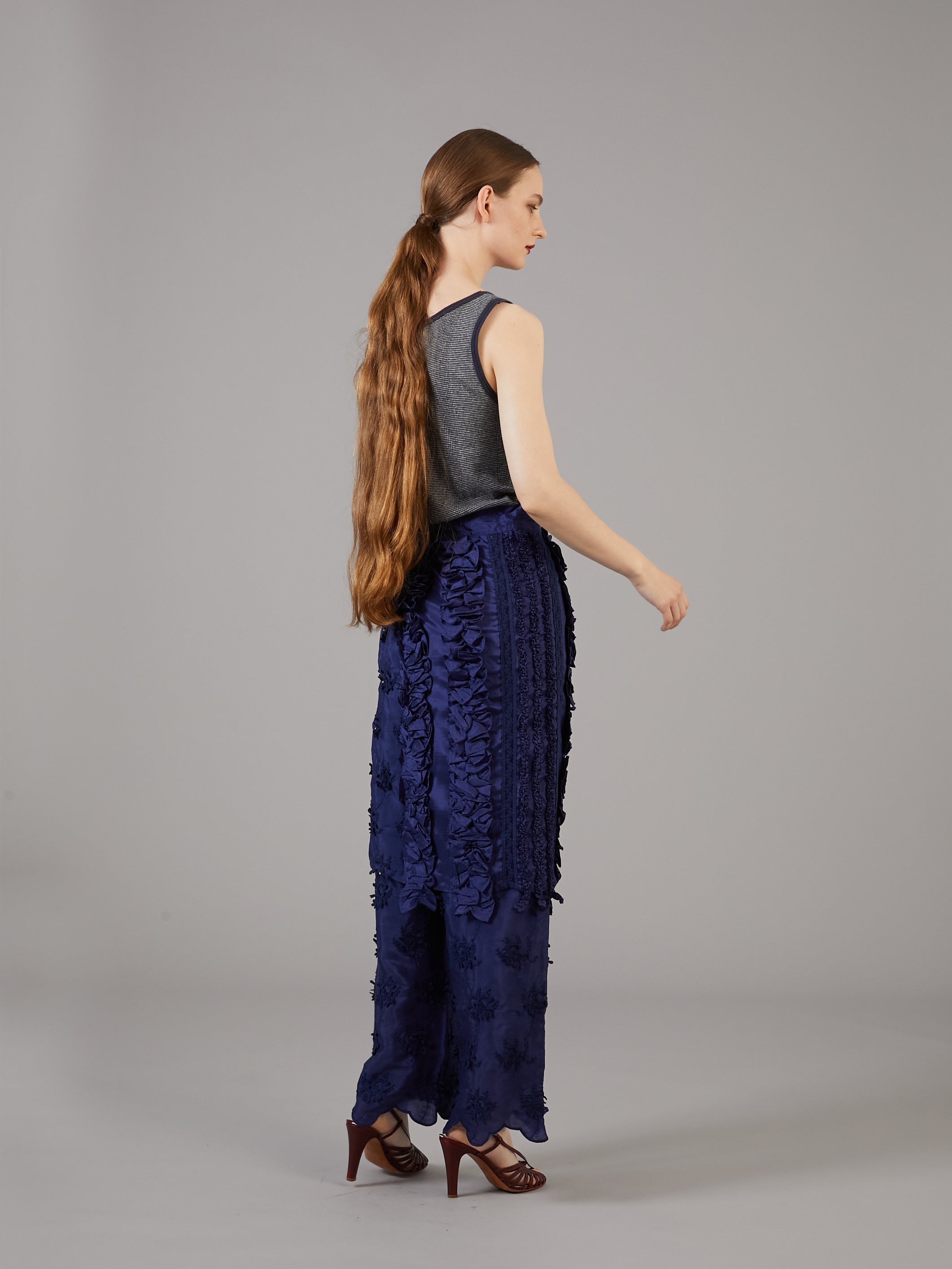 frill rayon shantung apron skirt  | NAVY