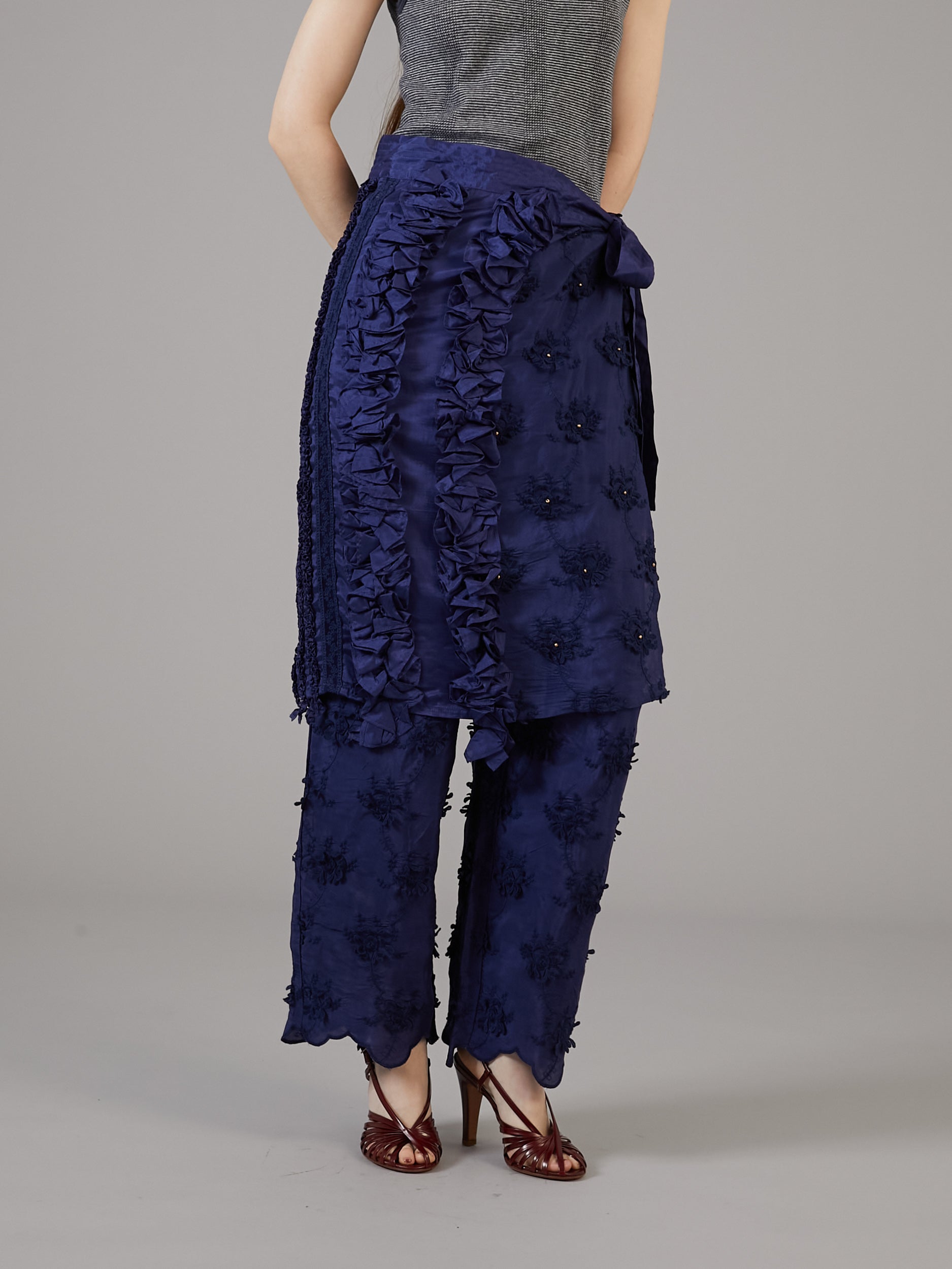 frill rayon shantung apron skirt  | NAVY