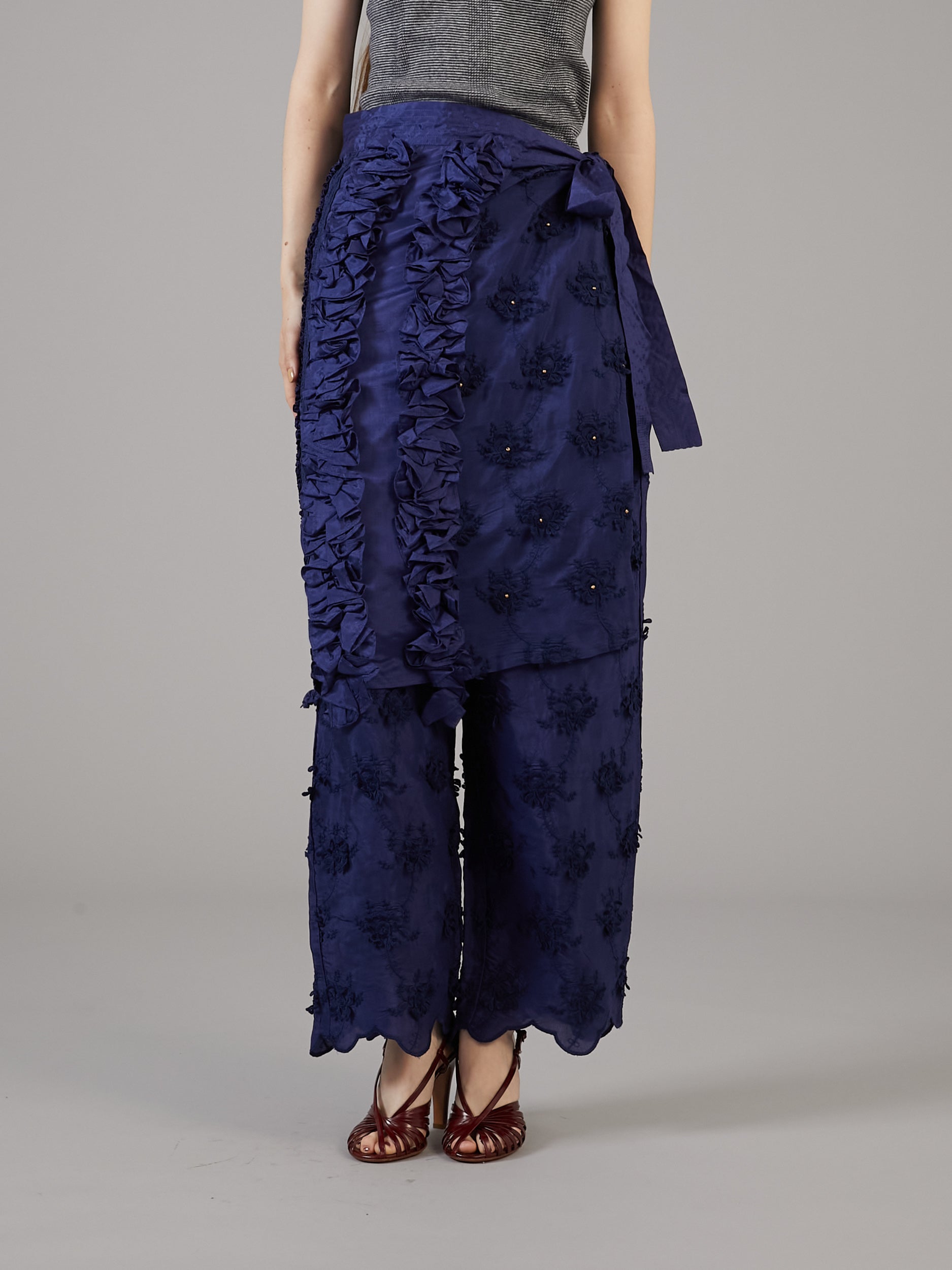 frill rayon shantung apron skirt  | NAVY