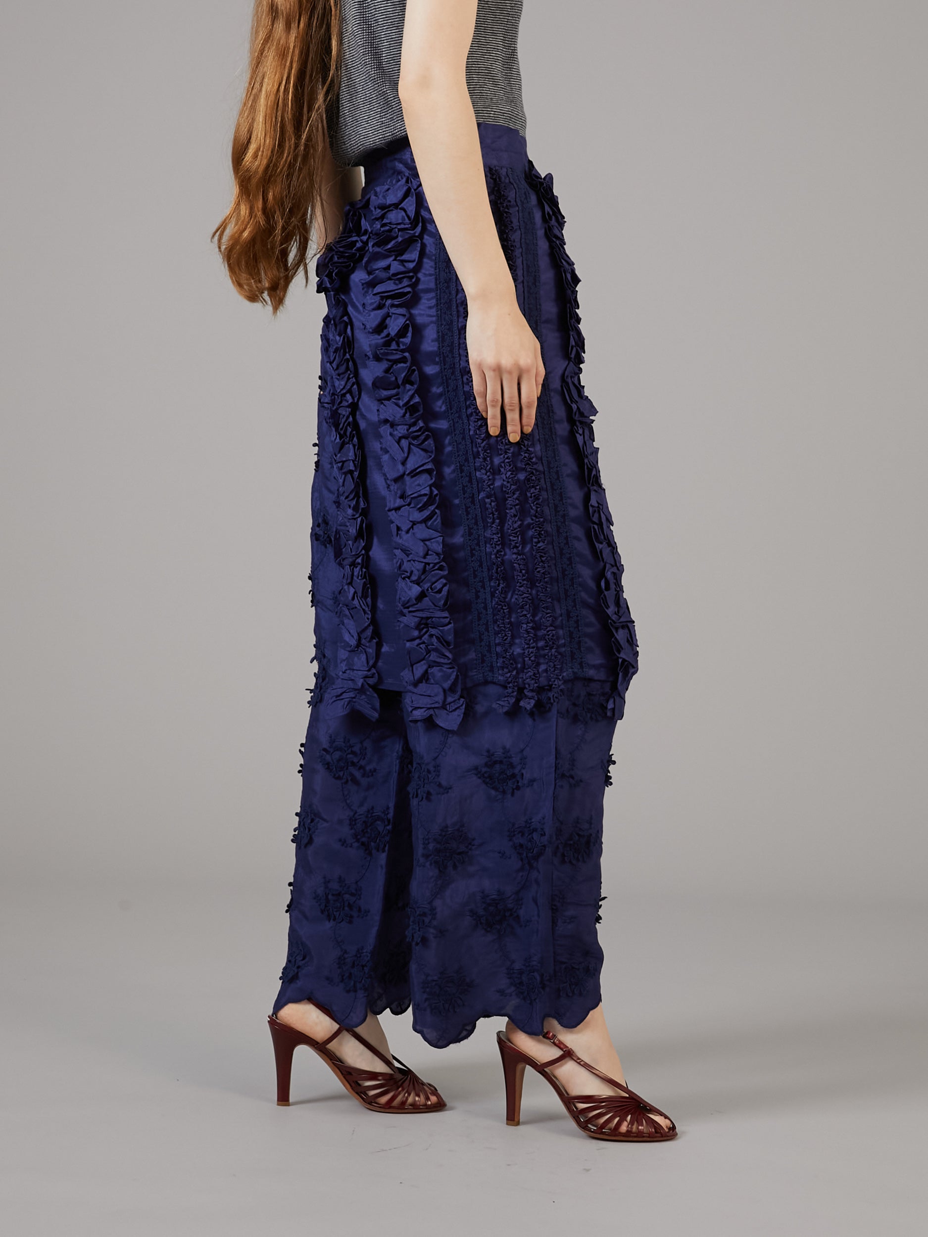 frill rayon shantung apron skirt  | NAVY