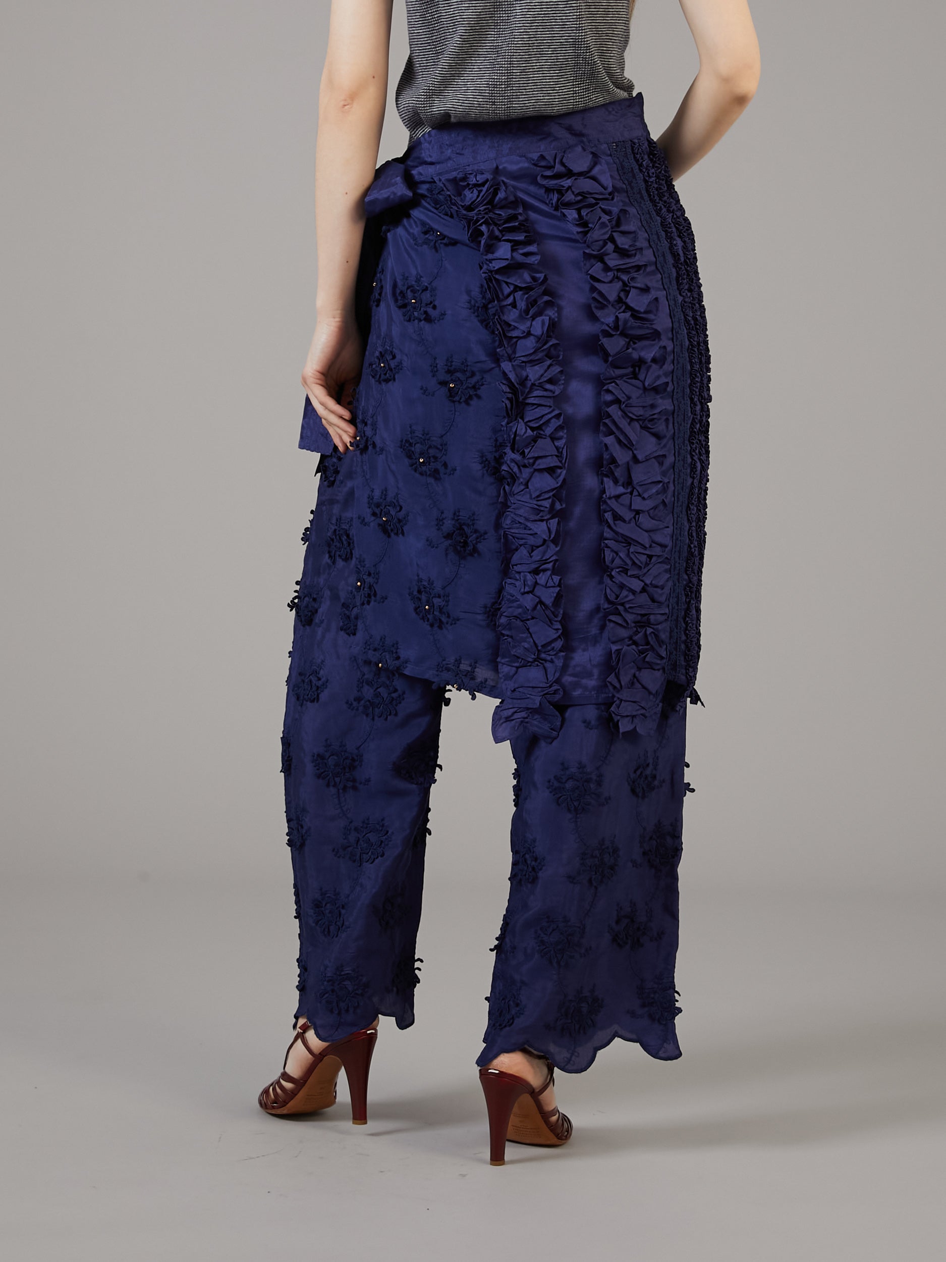 frill rayon shantung apron skirt  | NAVY