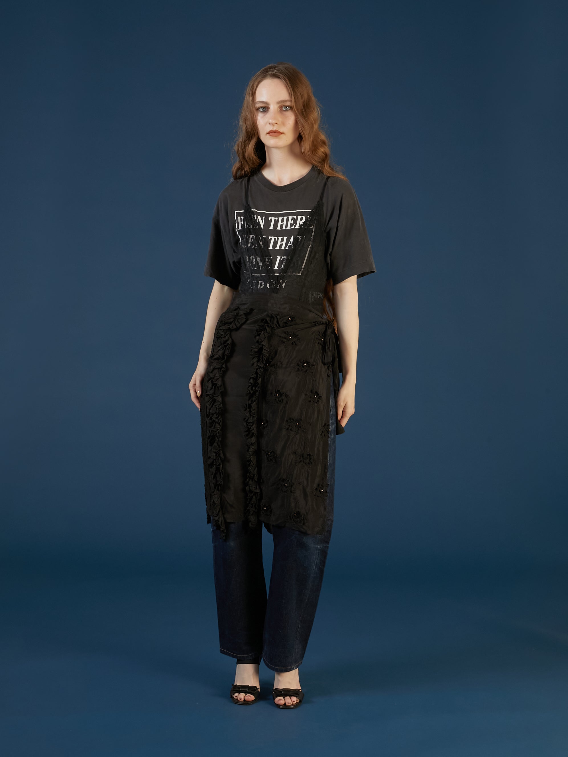 frill rayon shantung apron skirt | BLACK