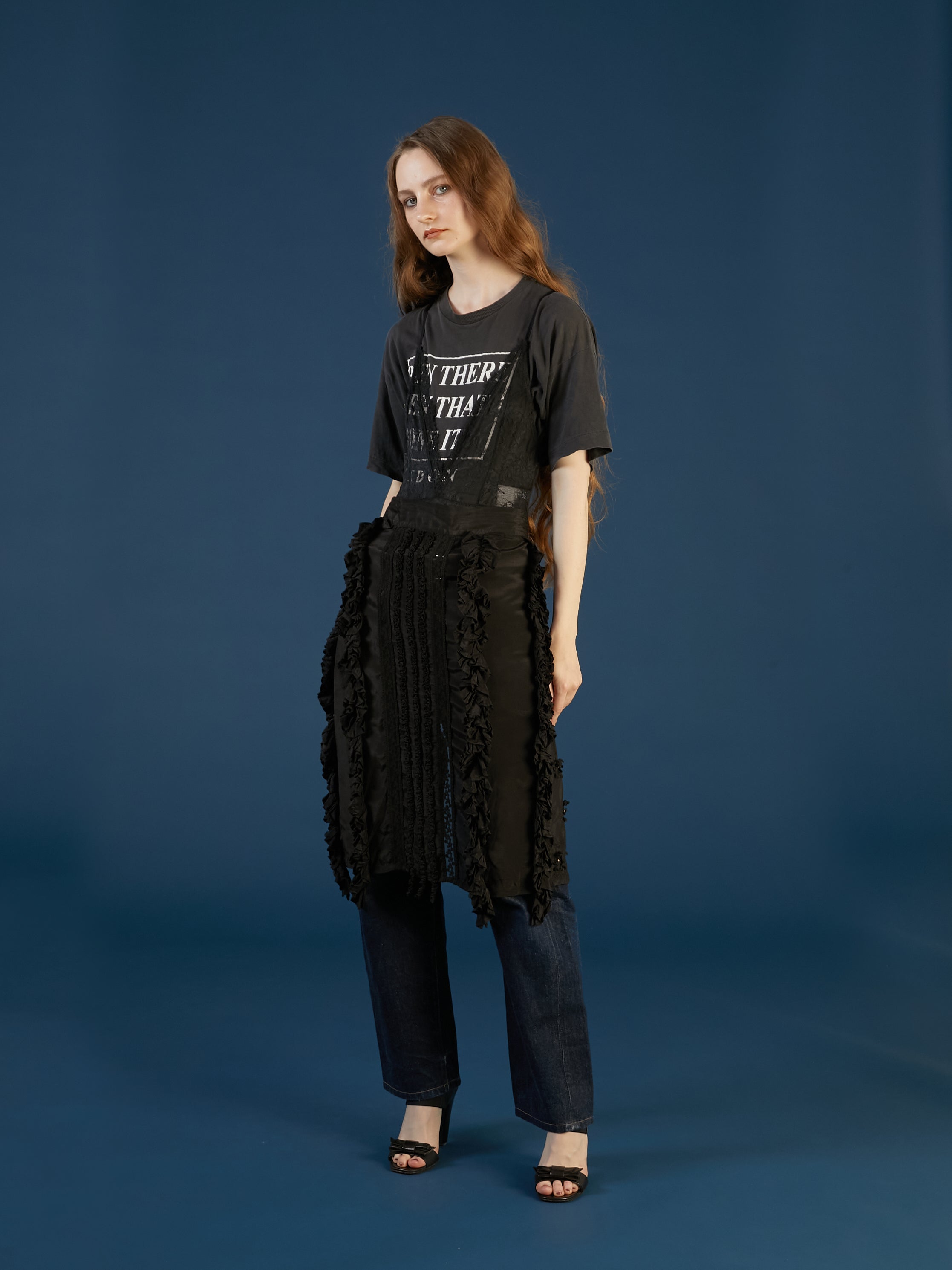frill rayon shantung apron skirt | BLACK