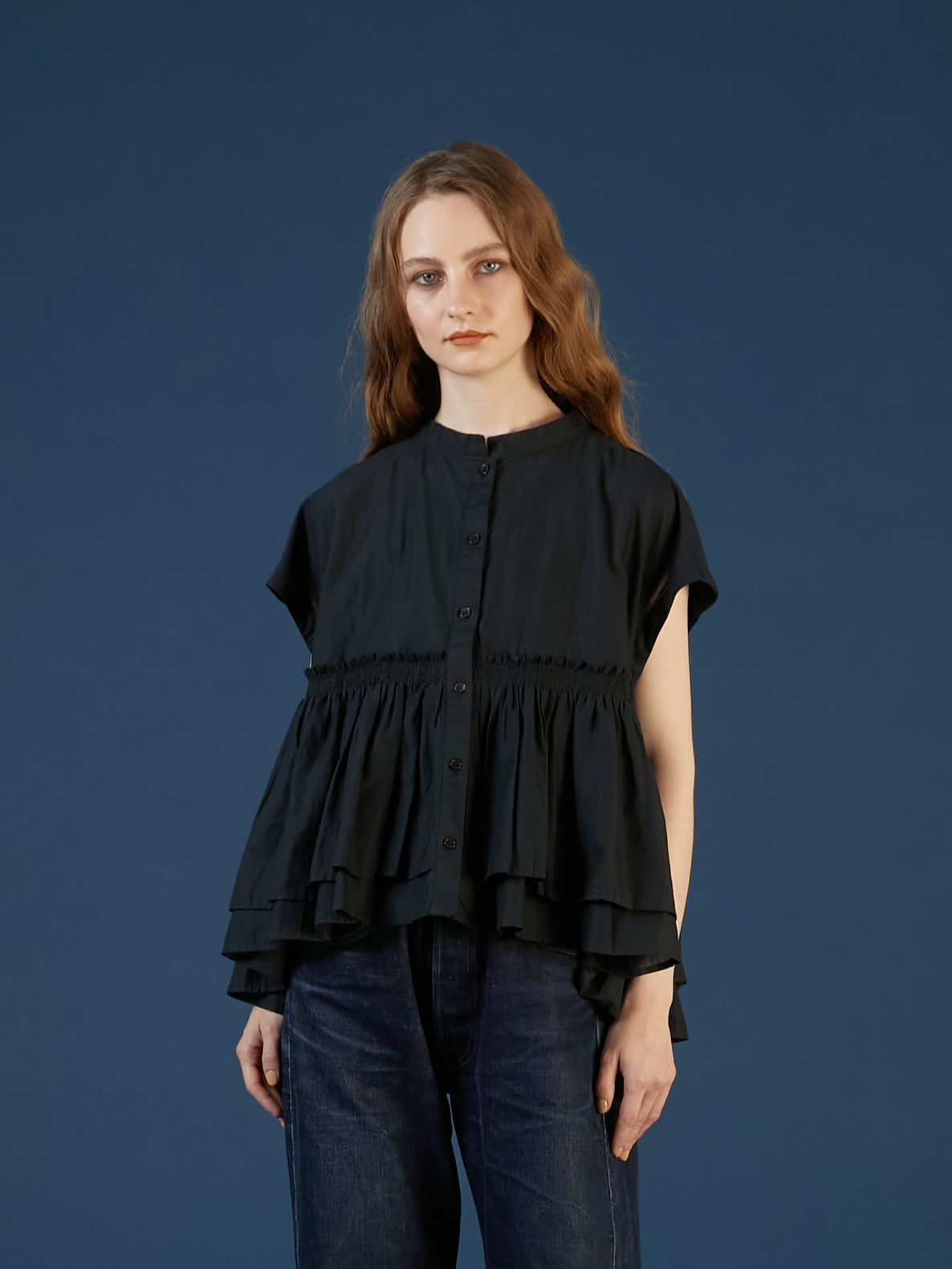 gather french sleeve blouse｜BLACK