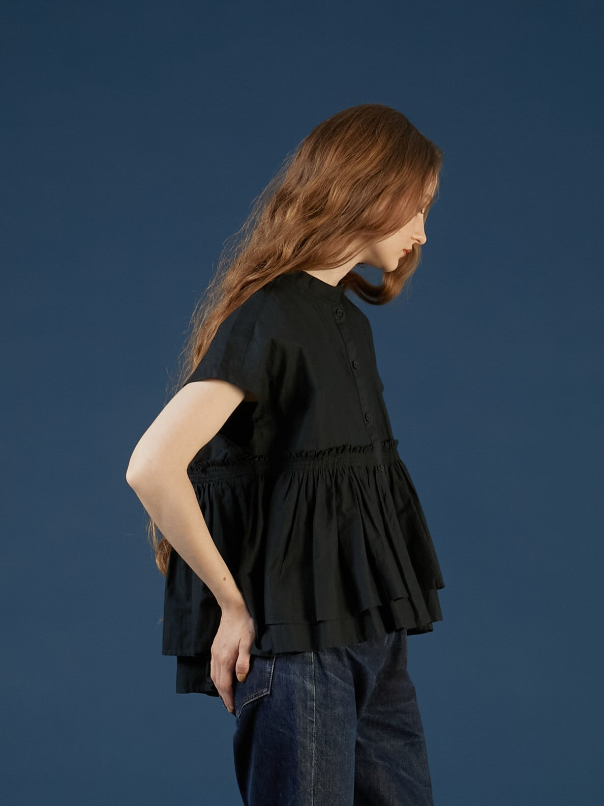 gather french sleeve blouse｜BLACK