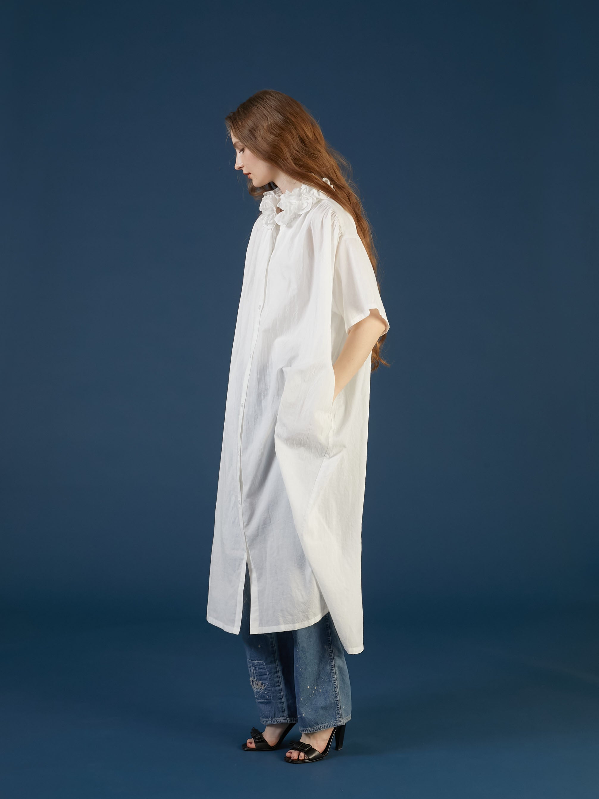 cotton frill coller onepiece ｜WHITE