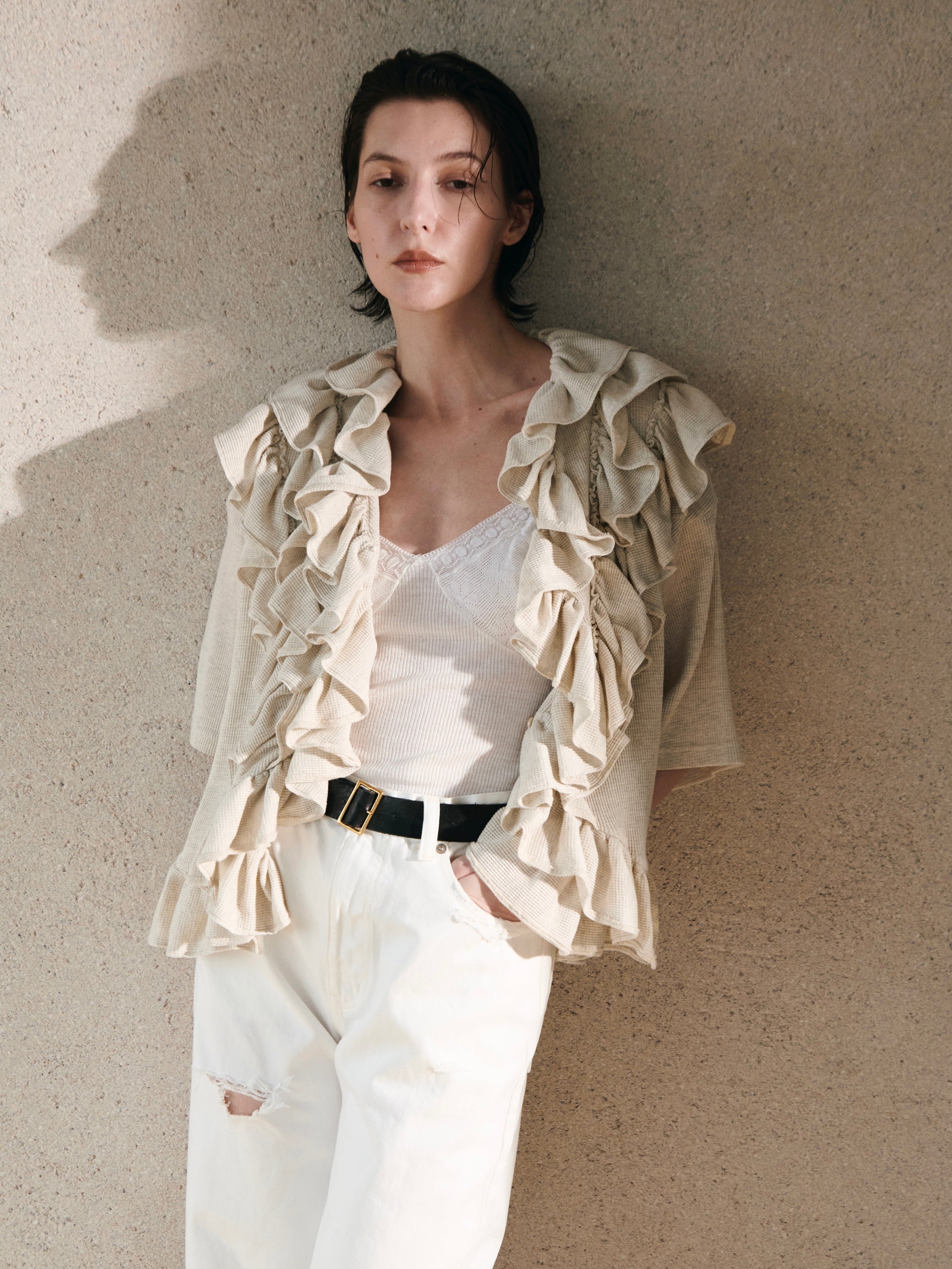 waffle frill poncho top｜IVORY