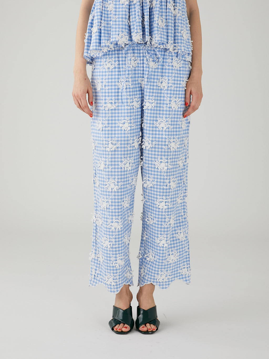 3D embroidery gingham pants | BLUE