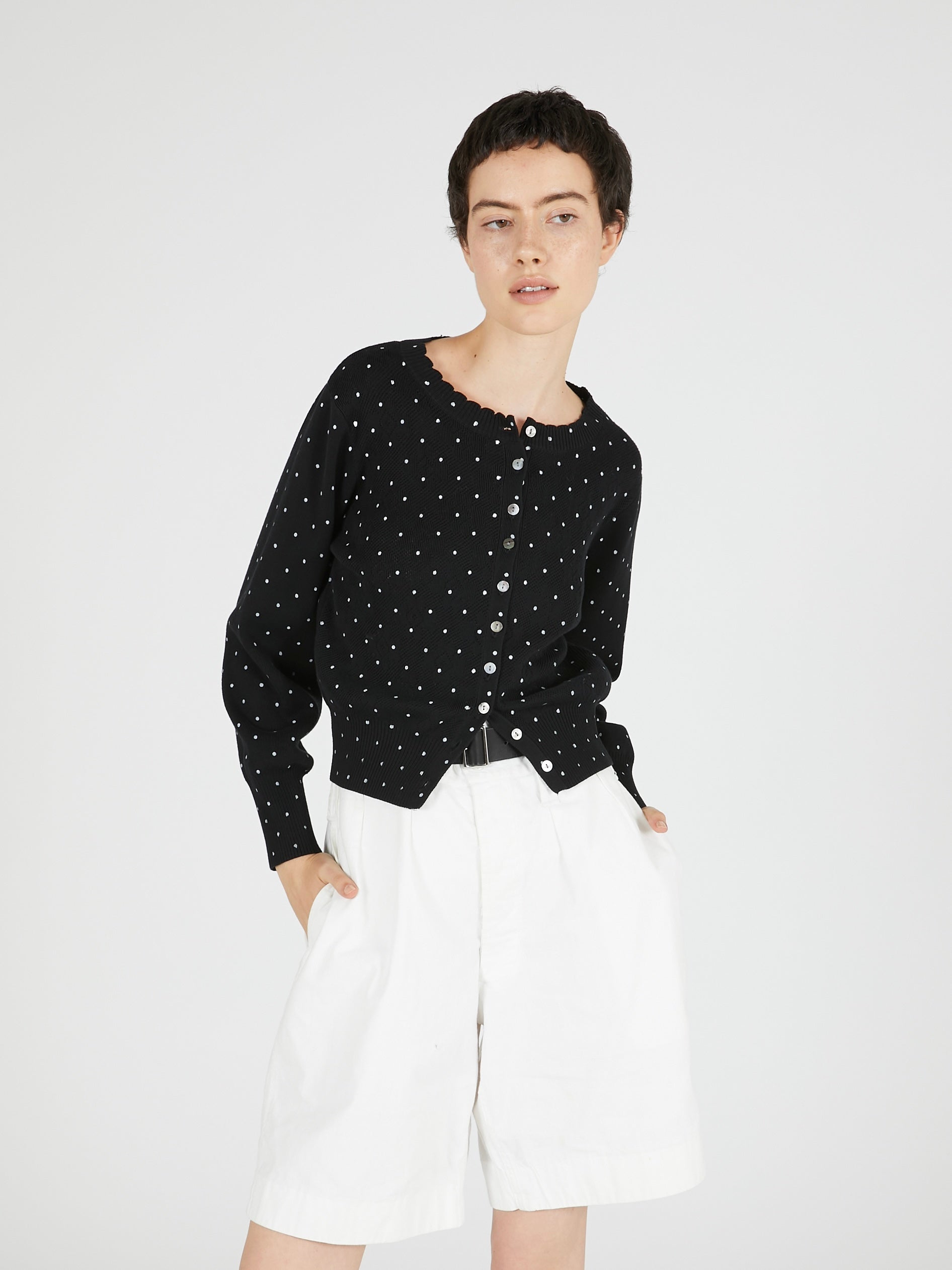flower Jacquard dot cardigan｜BLACK