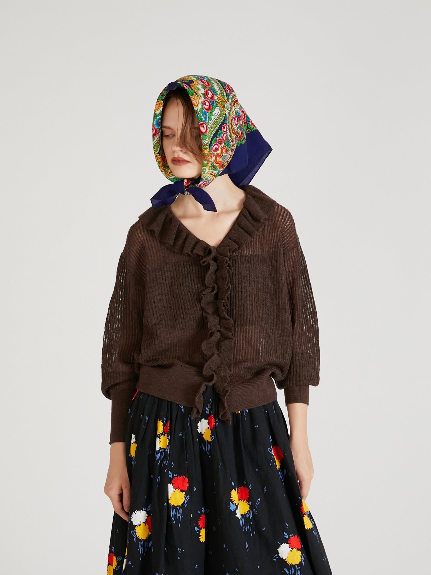 raffule frill cardigan｜BROWN