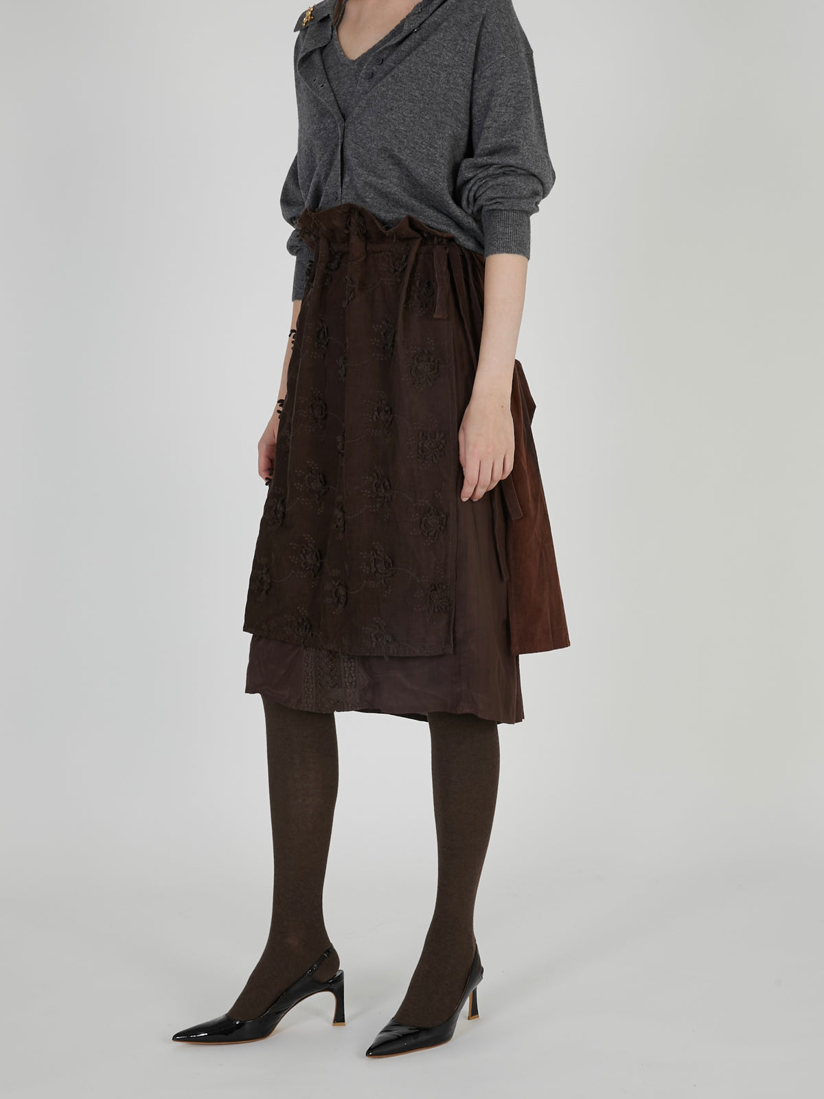 3D embroidery corduroy apron skirt｜BROWN