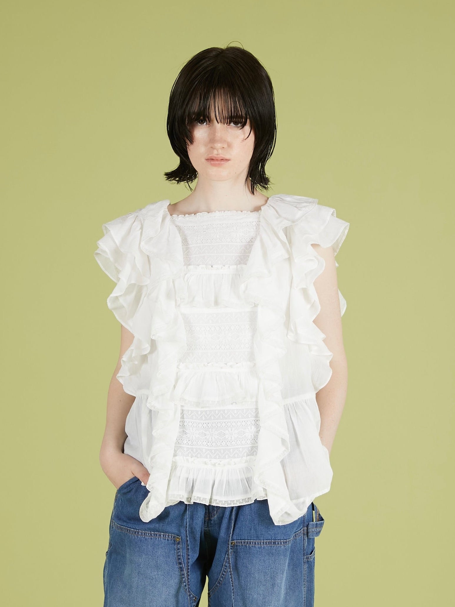 frill  lace nosleeve  blouse｜WHITE