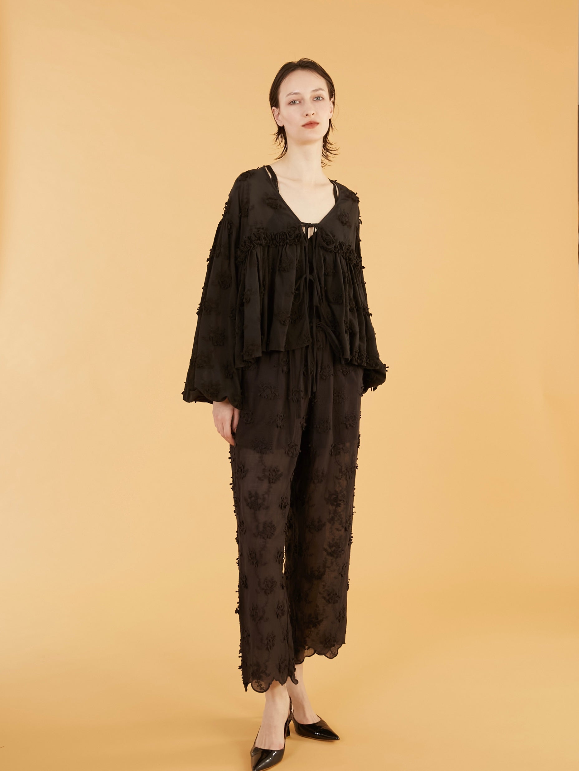 sheer cotton 3D embroidery easy pants｜BLACK