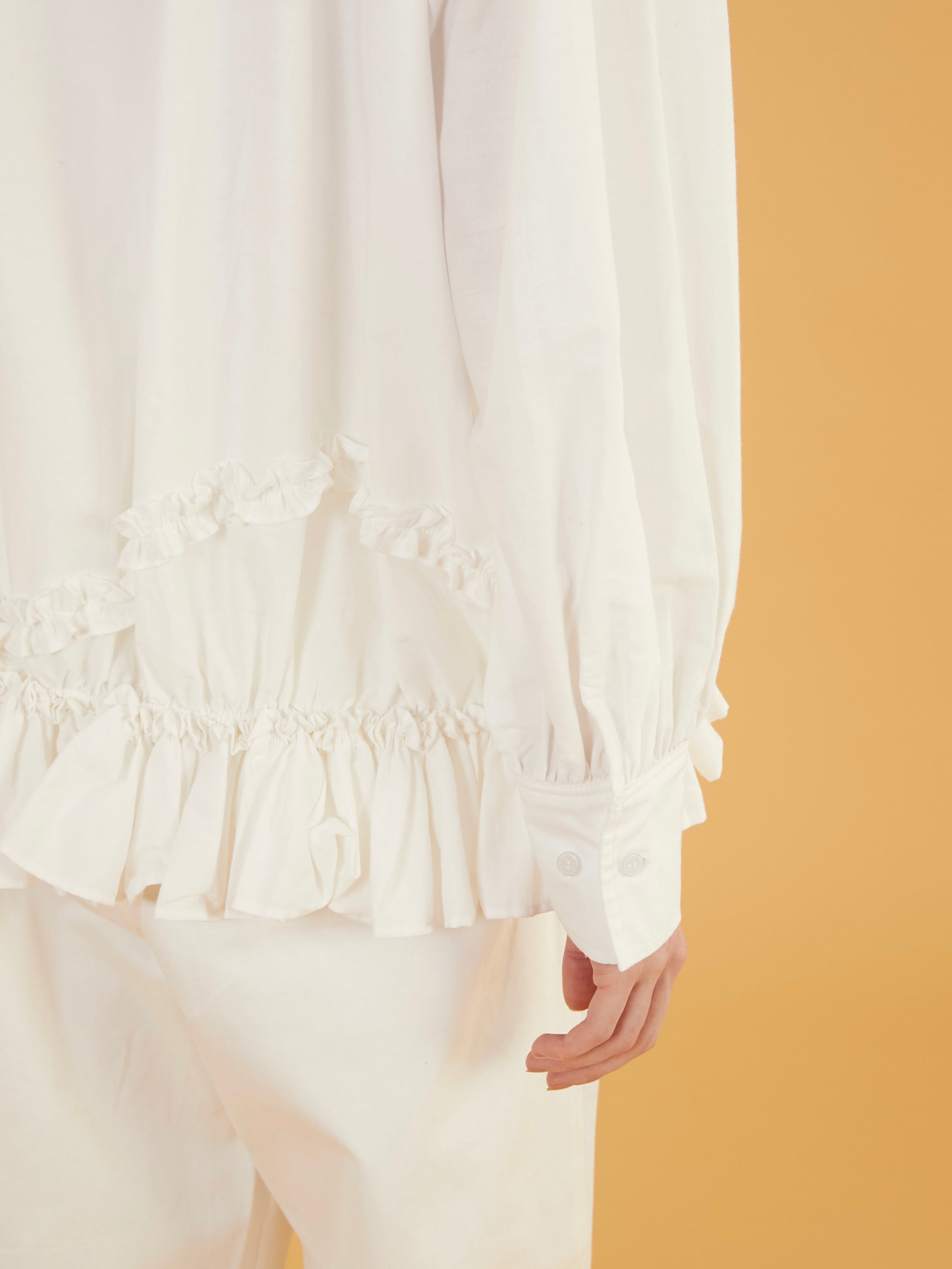 frill hem long sleeve shirts｜WHITE