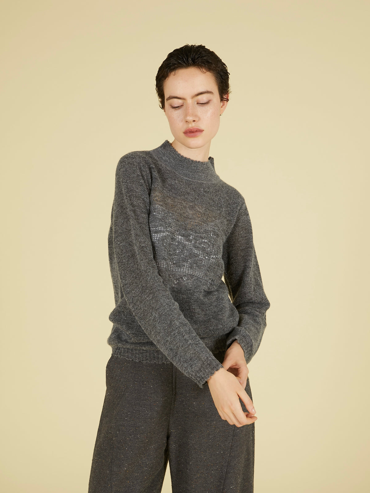 point tail turtle knit top｜GRAY