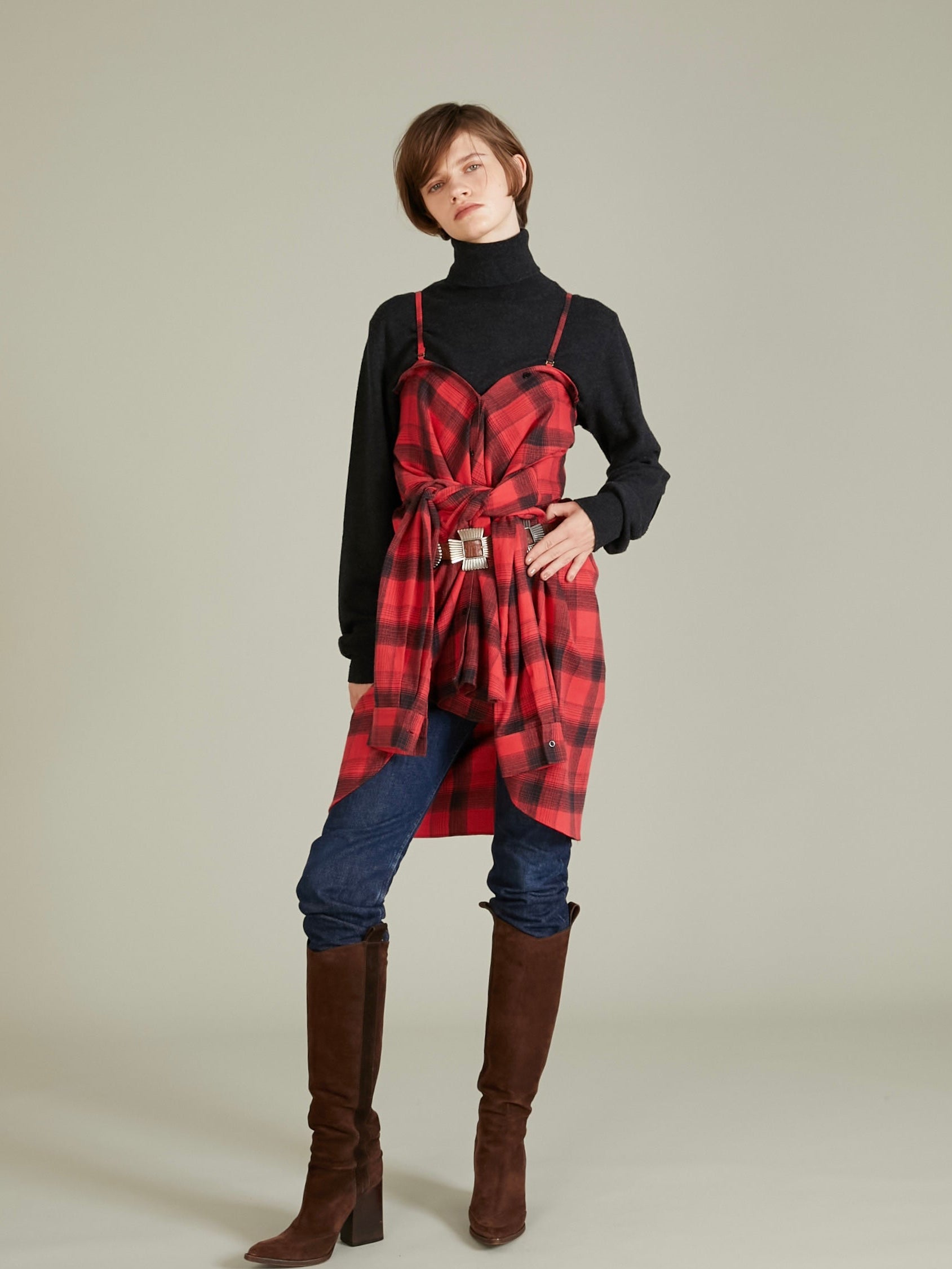 nel check shirt bustier｜RED