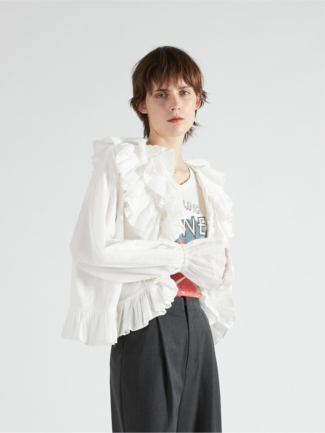 frill poncho L/S blouse｜WHITE