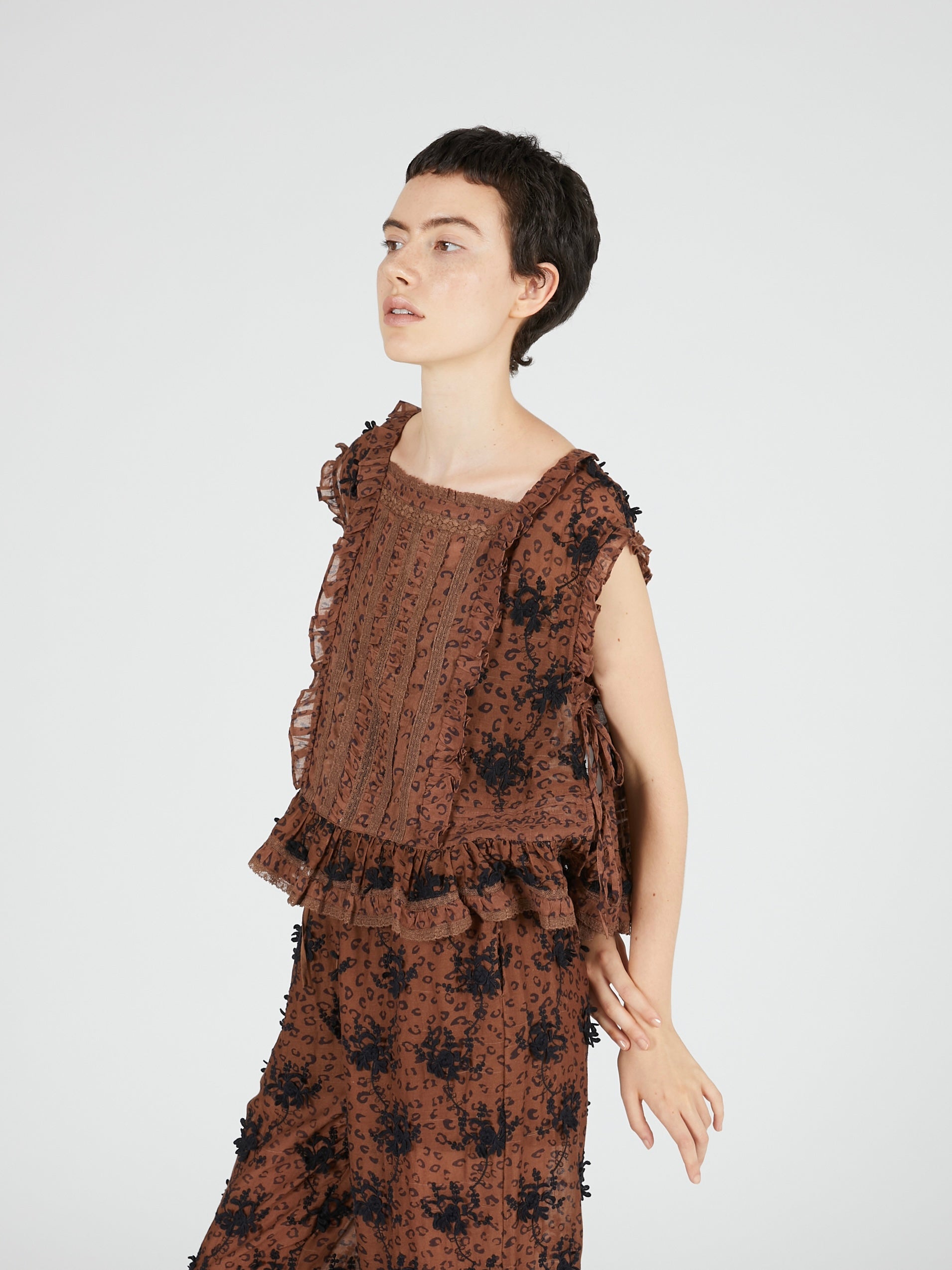 3D embroidery leopard blouse｜BROWN