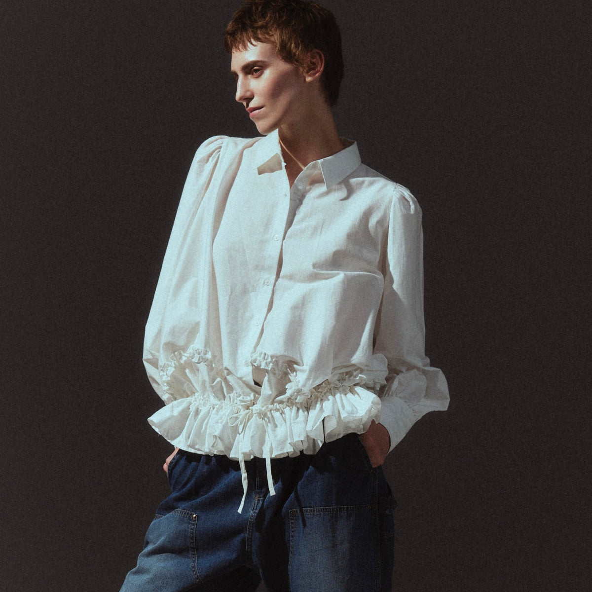frill hem long sleeve shirts｜WHITE