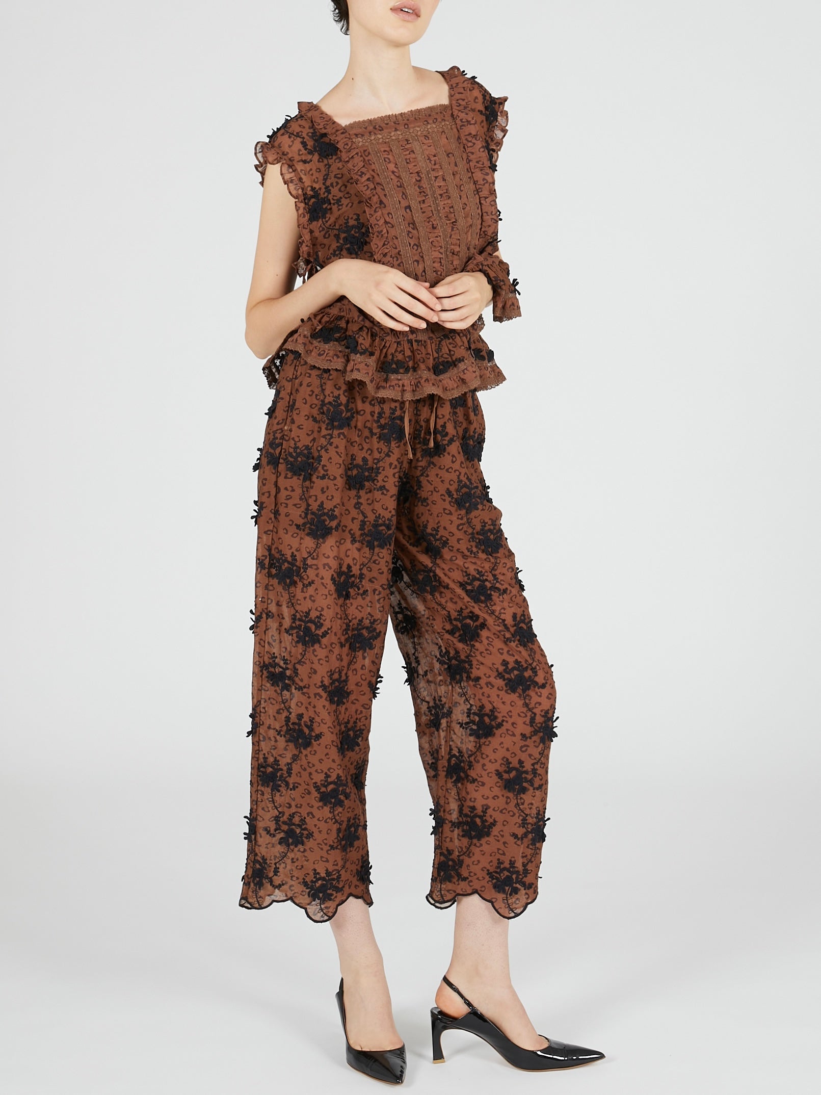 3D embroidery leopard blouse｜BROWN
