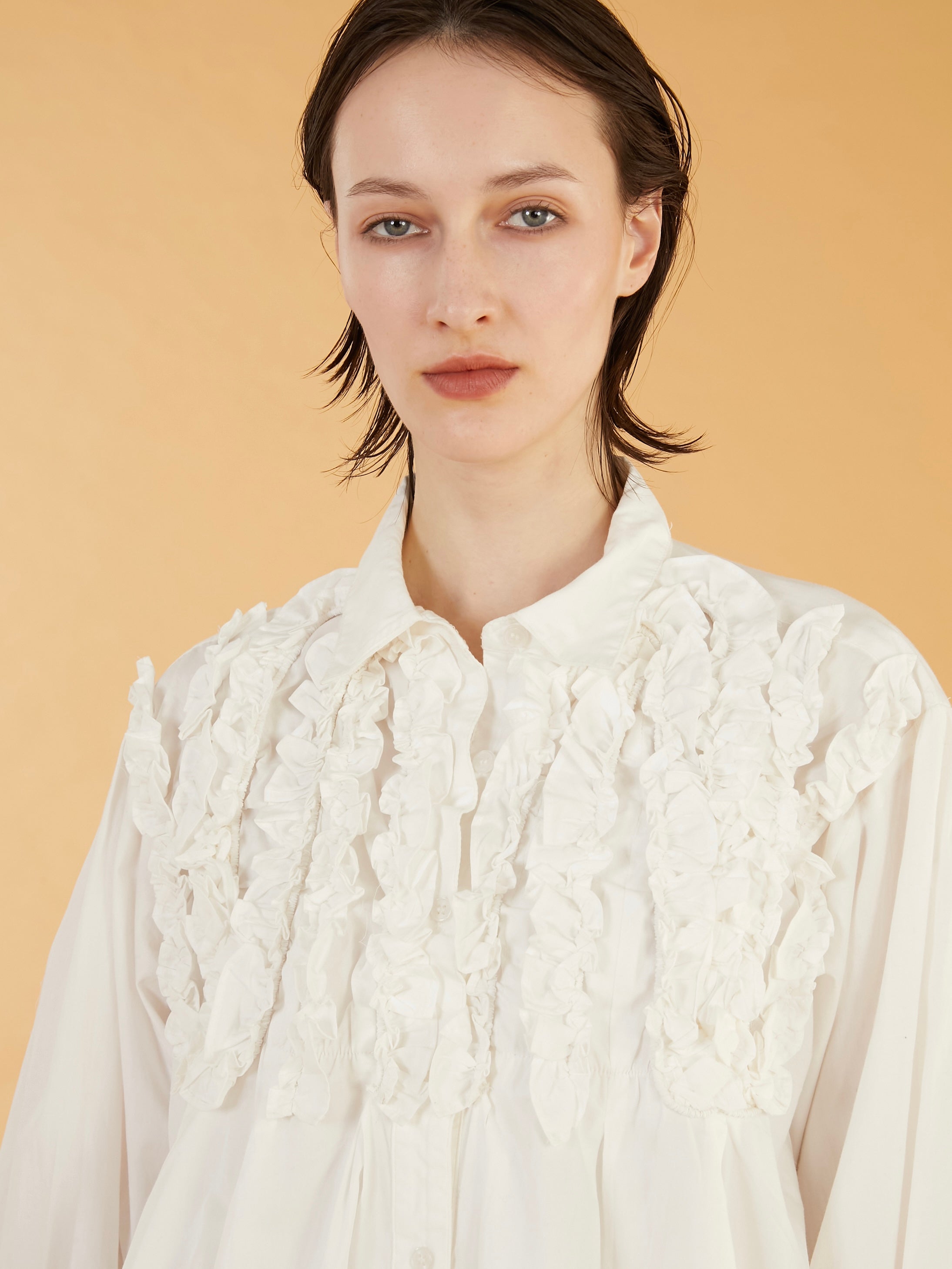 １０日までDrawer 完売 フロントフリルクルーネックシャツ（WHITE） front frill shirts｜WHITE