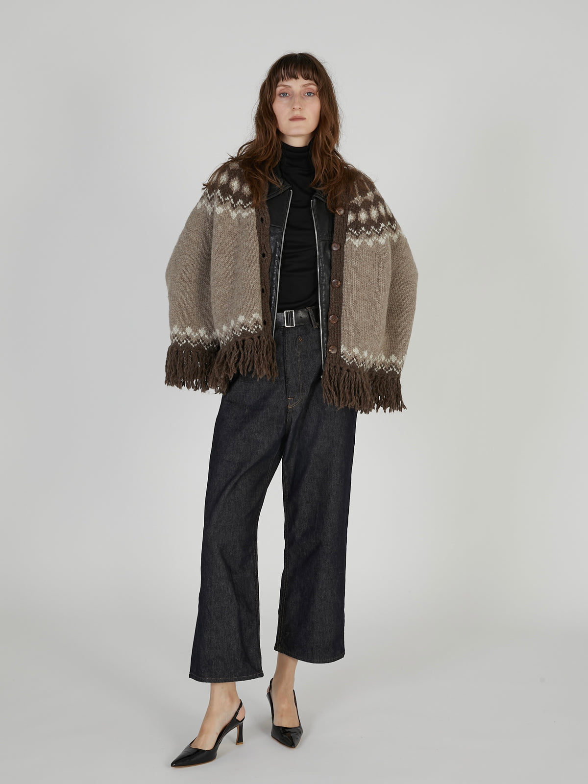 fair isle fringe hand knit cardigan｜BROWN