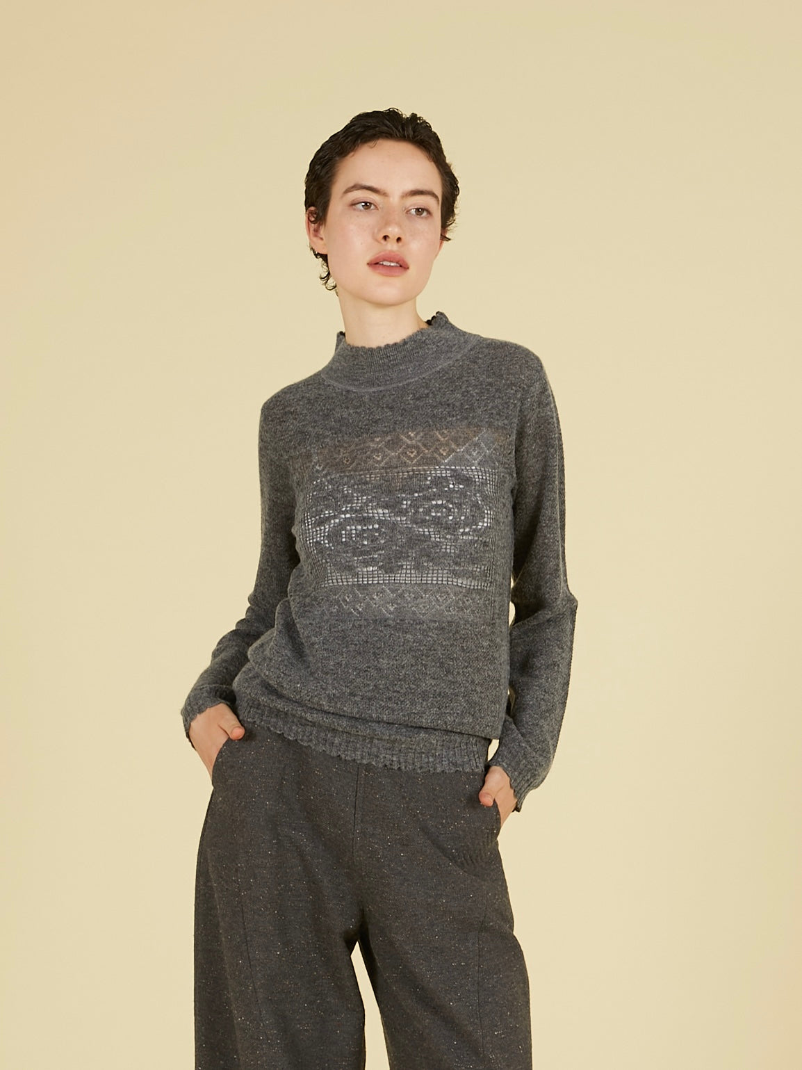 point tail turtle knit top｜GRAY