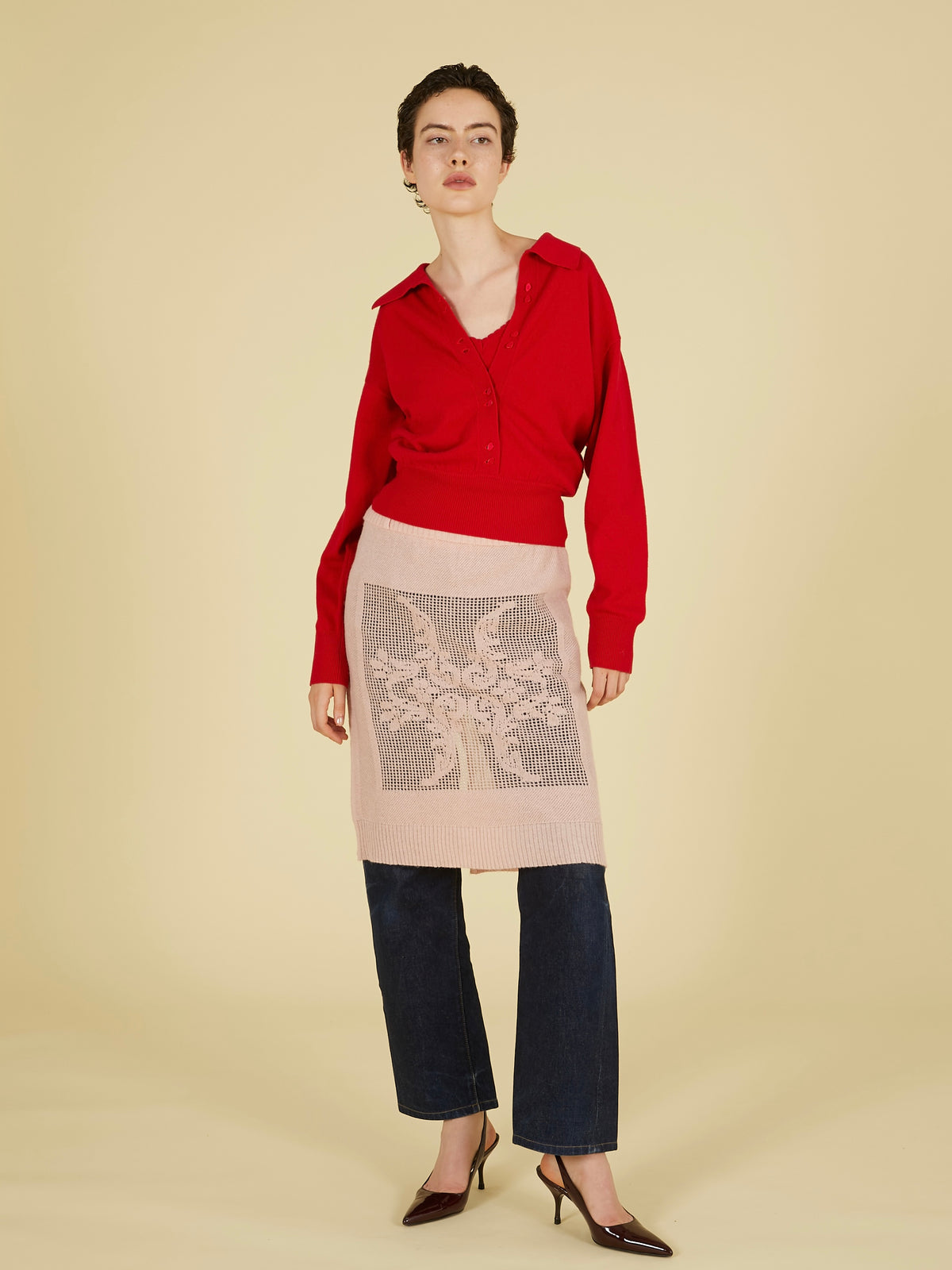 slow off knit top｜RED