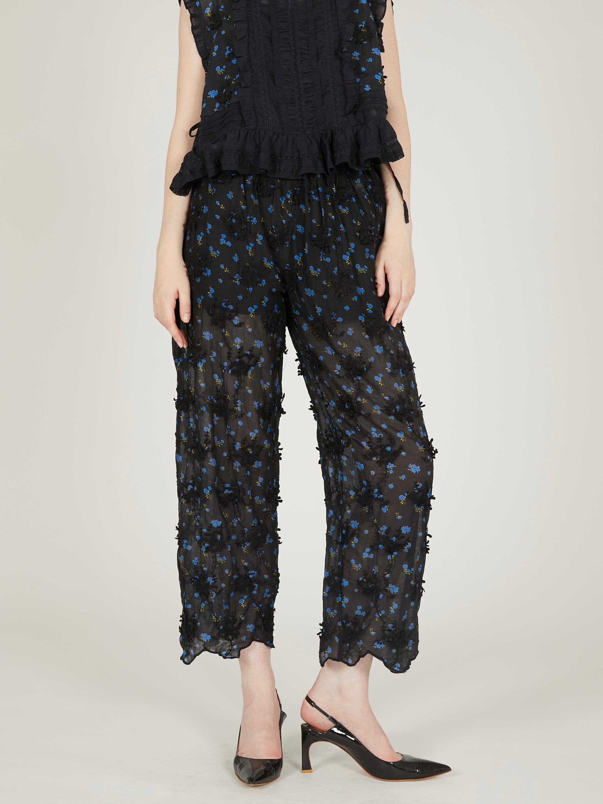 sheer flower easy pants｜BLACK