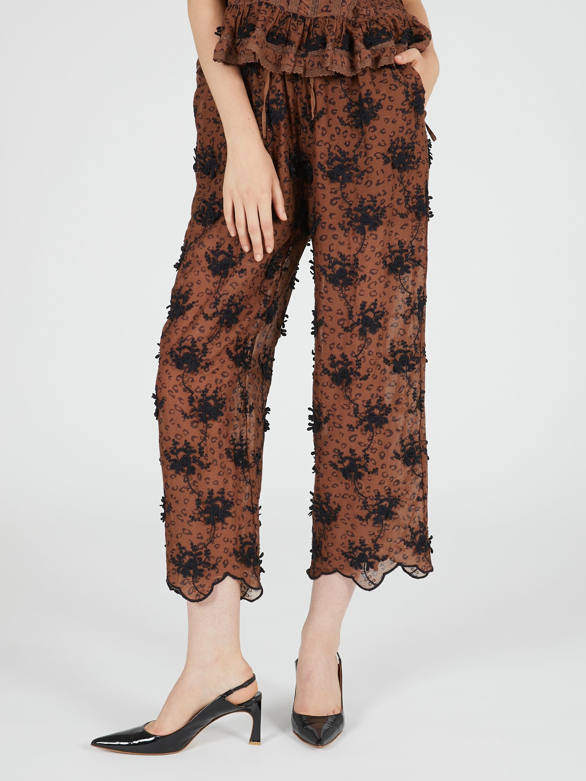 3D embroidery leopard easy pants｜BROWN
