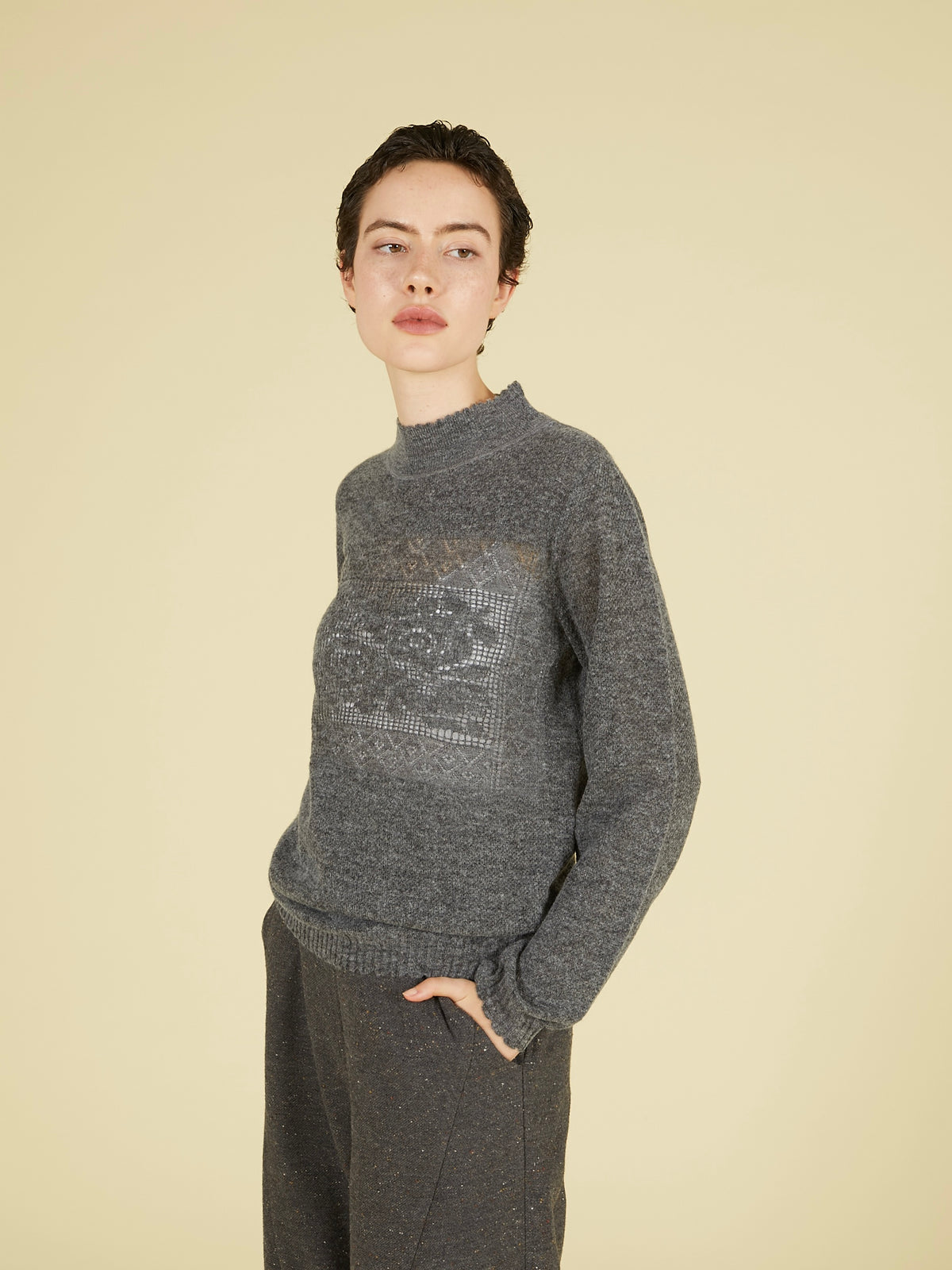 point tail turtle knit top｜GRAY
