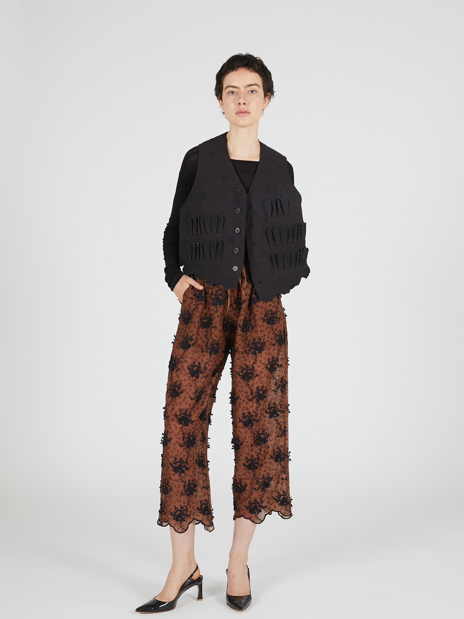 3D embroidery leopard easy pants｜BROWN
