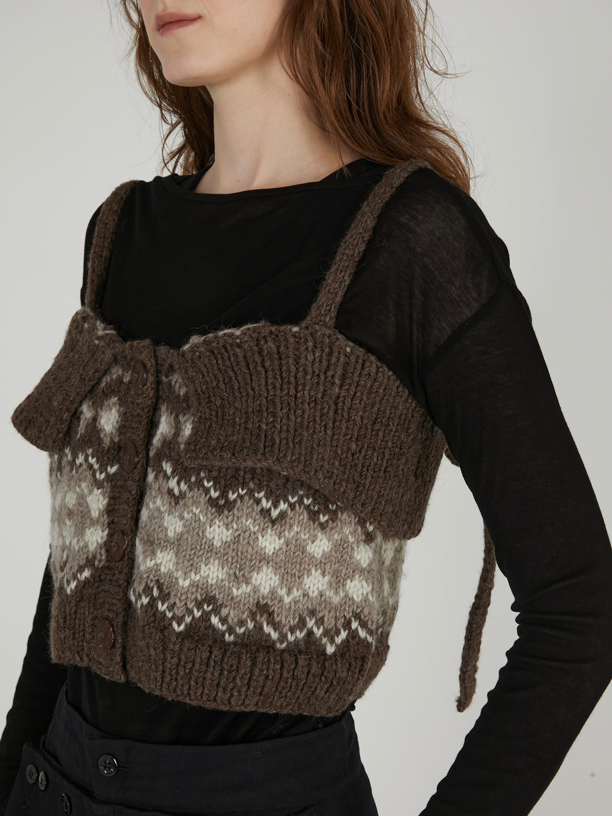 fair isle fringe hand knit bustier｜BROWN