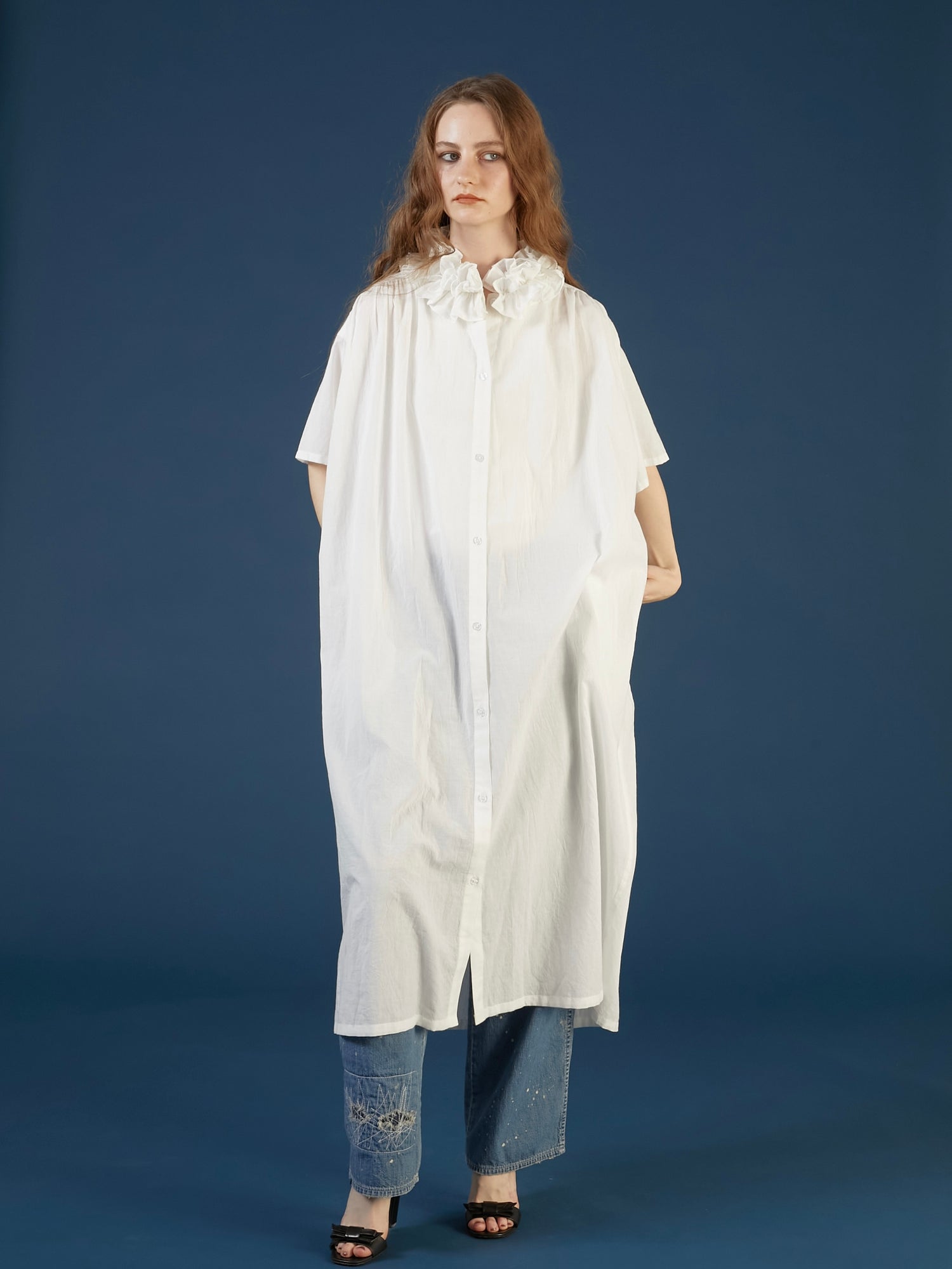 cotton frill coller onepiece ｜WHITE