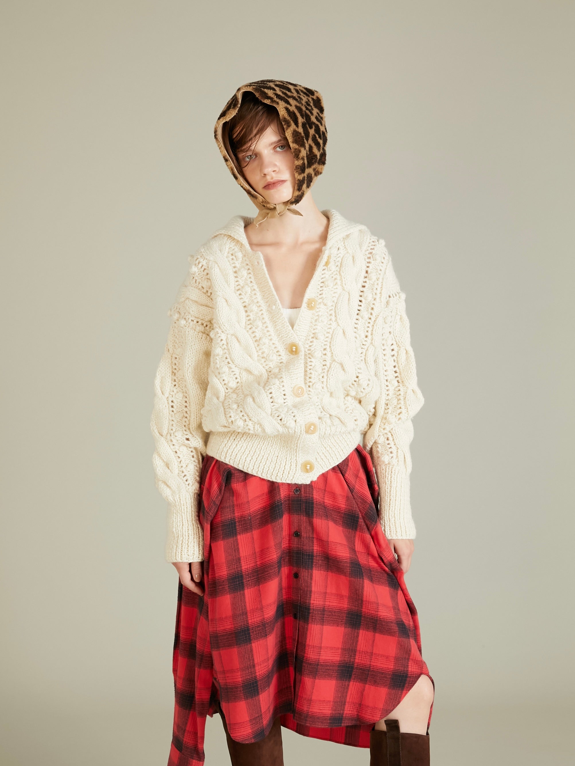 popcorn hand knit cardigan｜IVORY