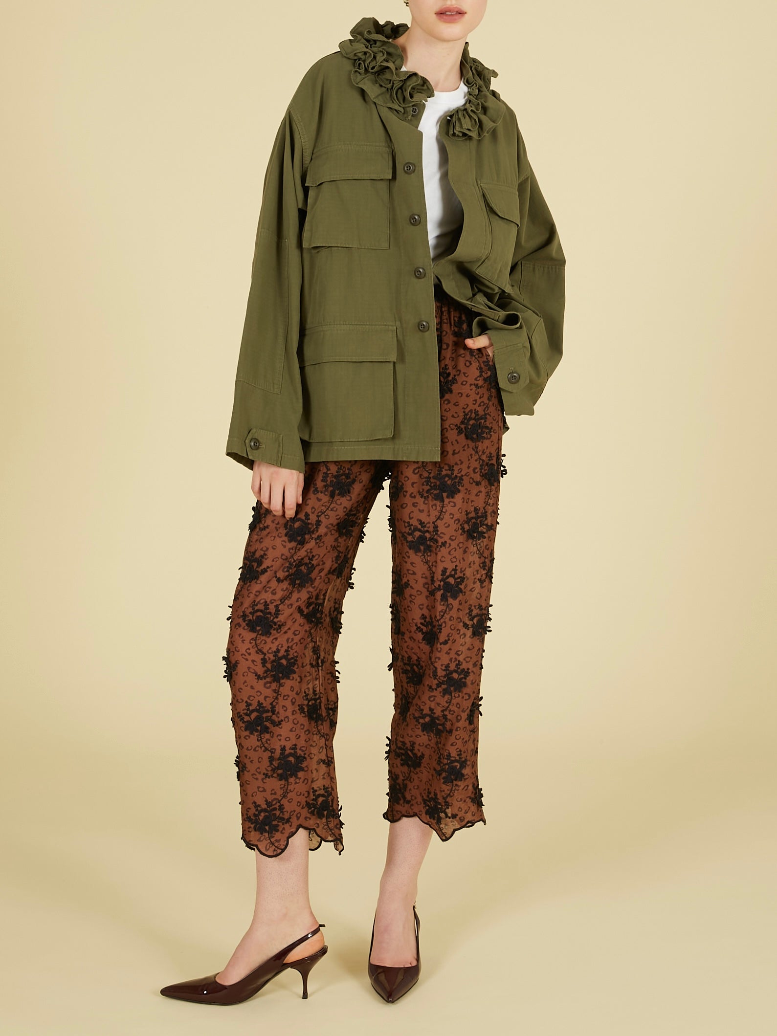 3D embroidery leopard easy pants｜BROWN