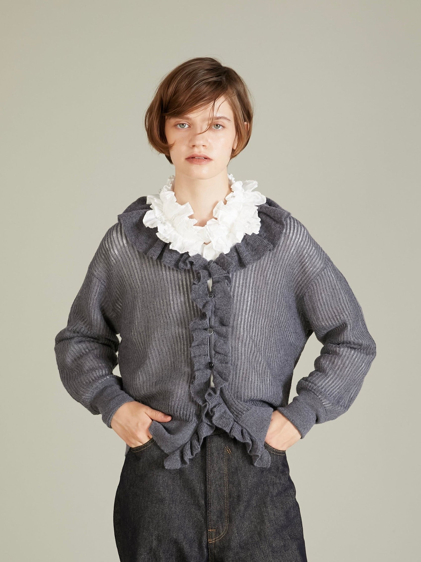 raffule frill cardigan｜GRAY