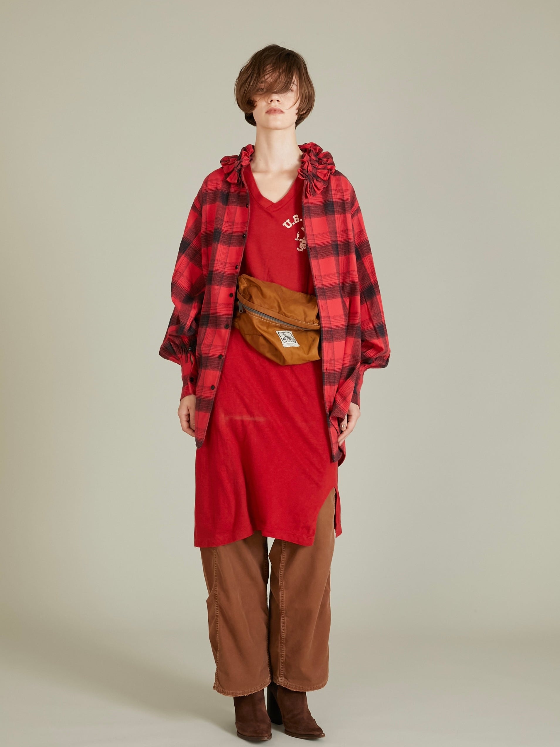nel check frill collar shirt｜RED