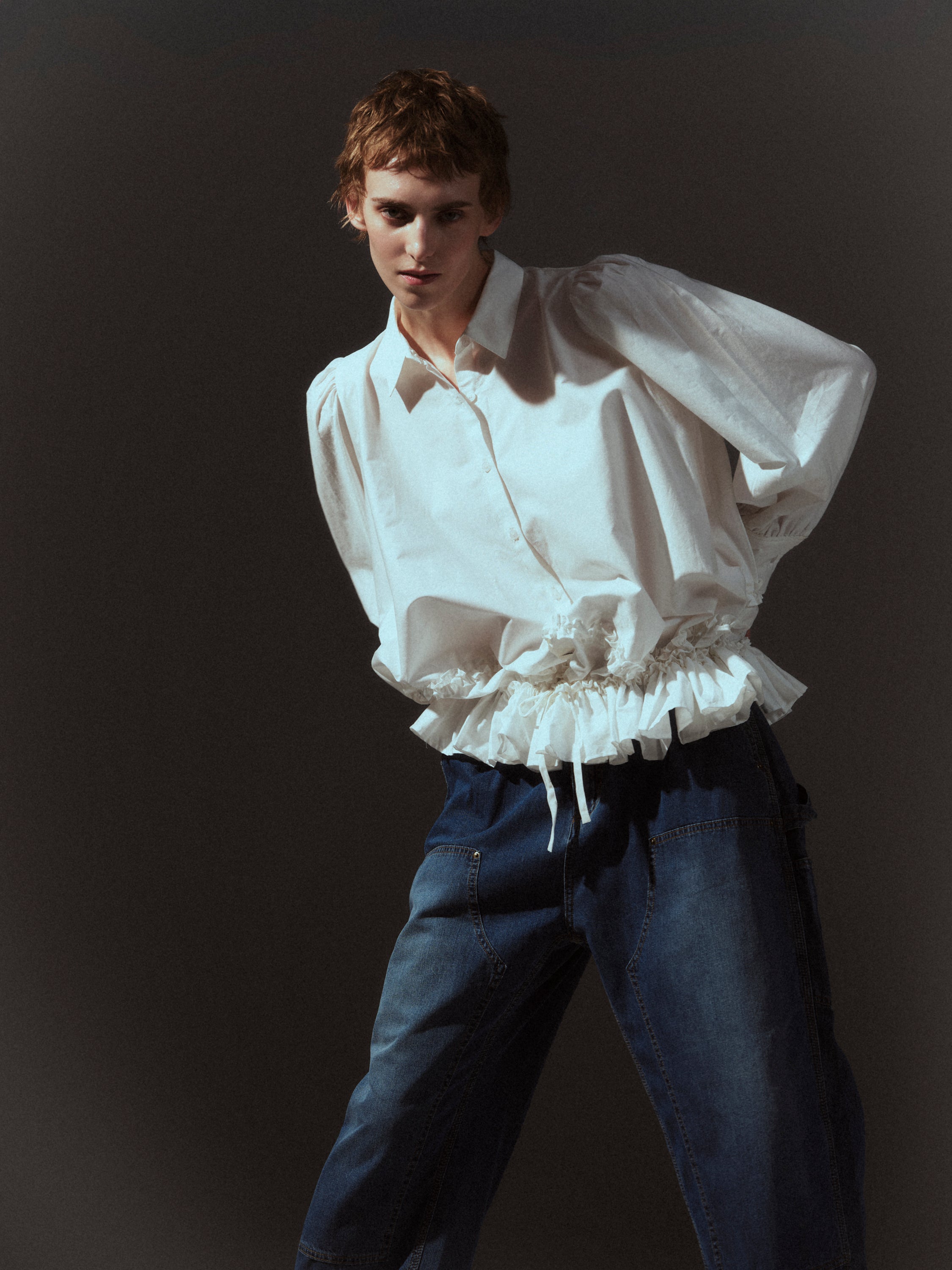 frill hem long sleeve shirts｜WHITE