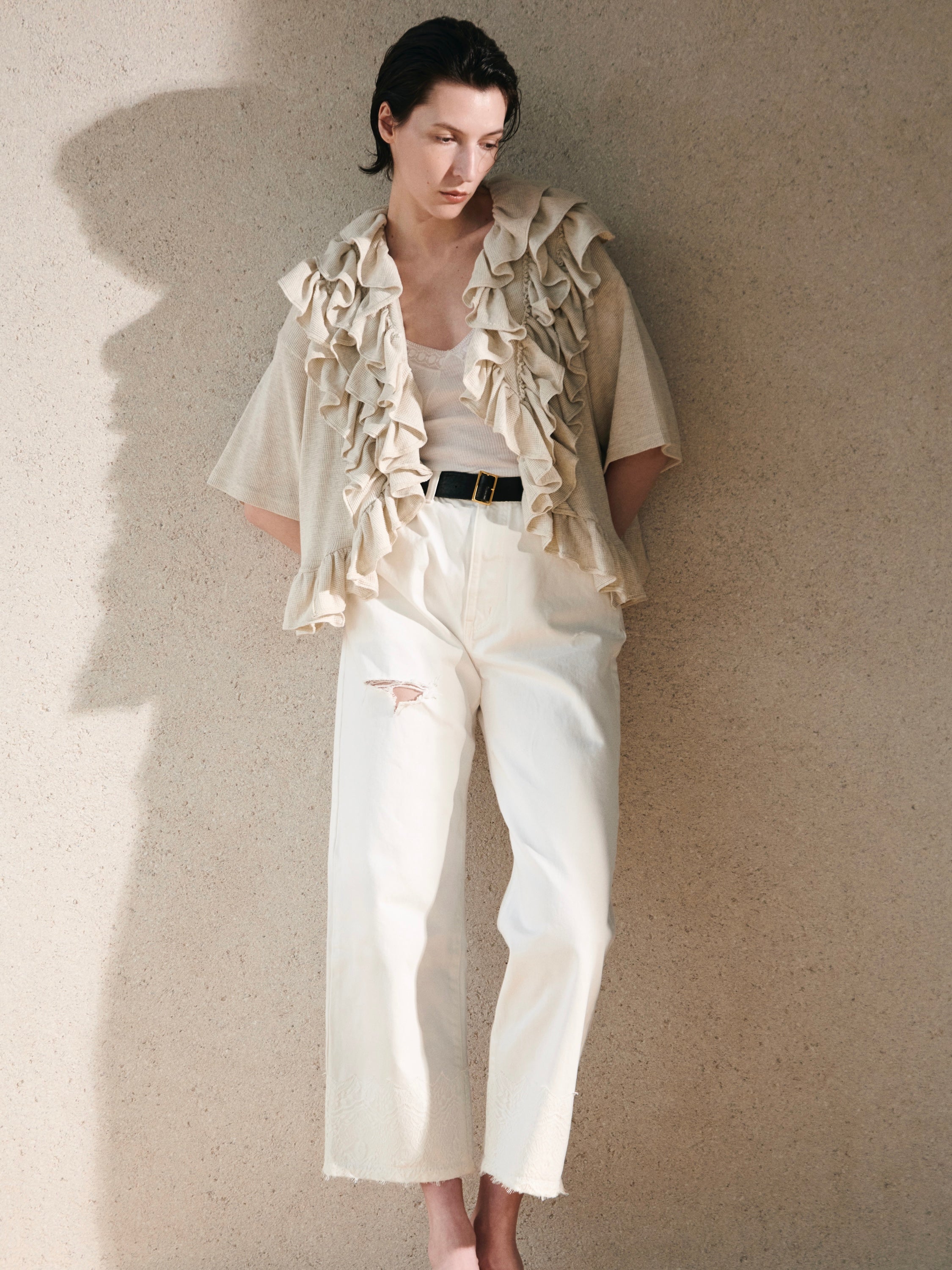 waffle frill poncho top｜IVORY
