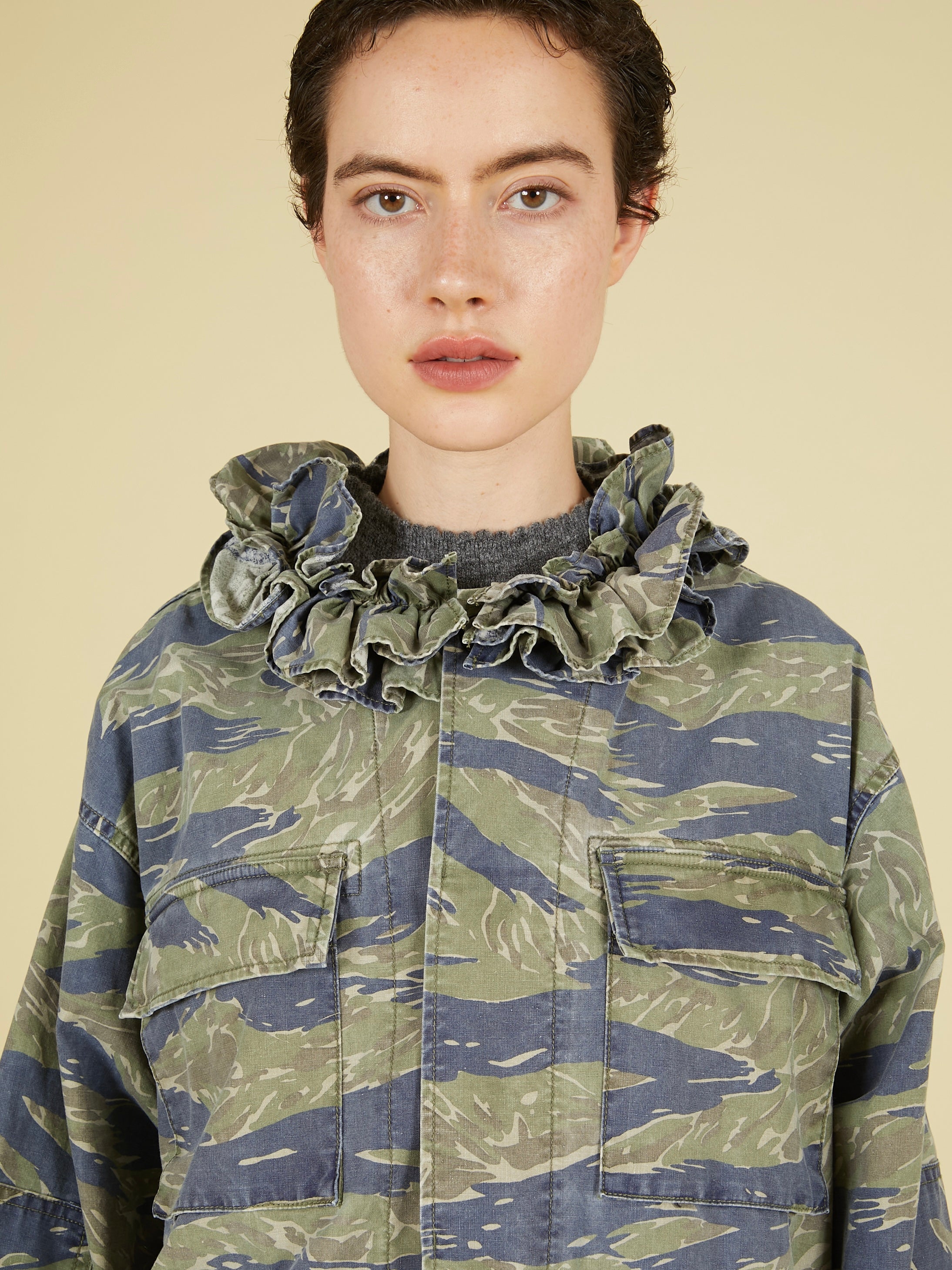 frill collar camo jacket｜NAVY