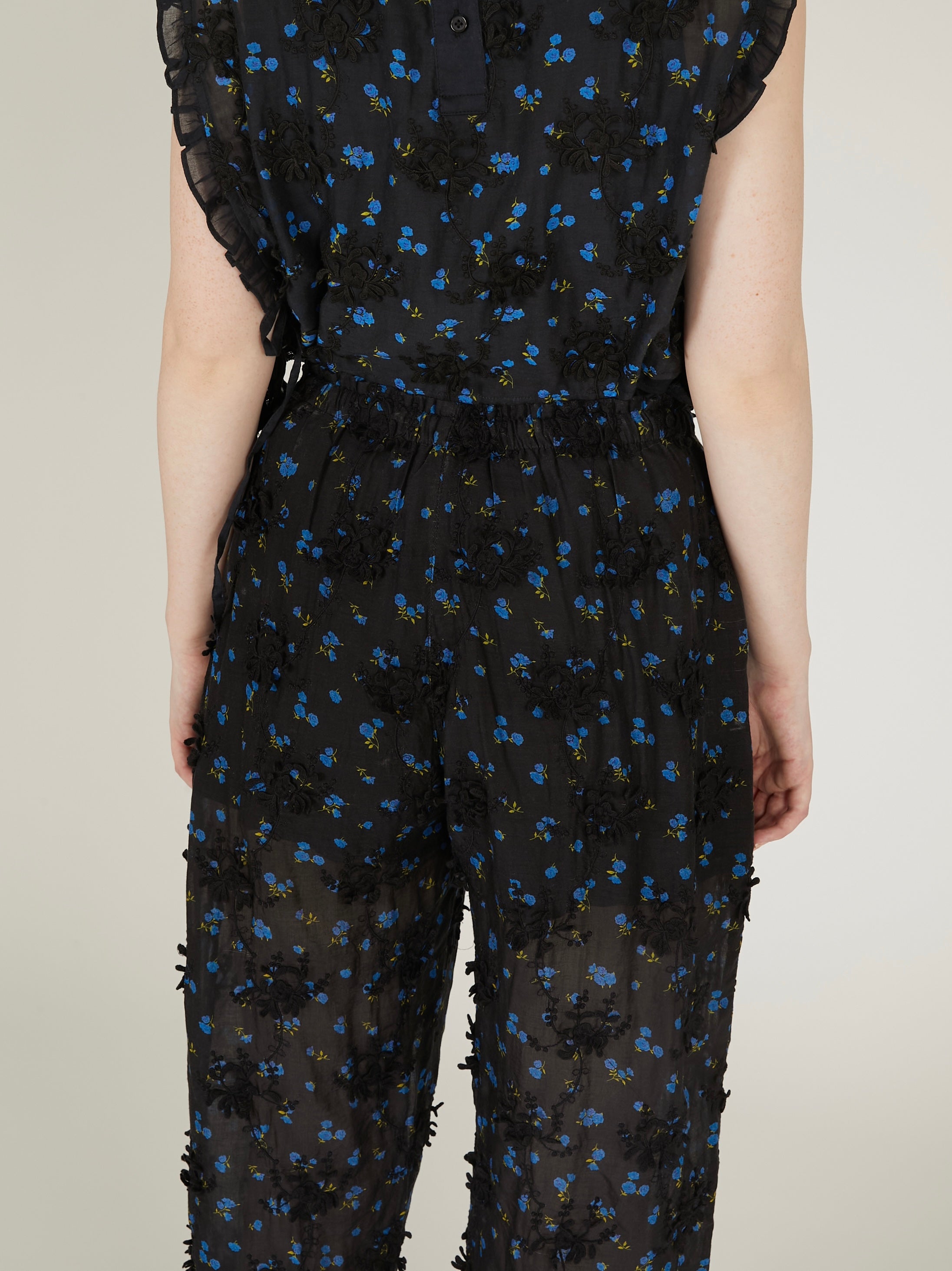 sheer flower easy pants｜BLACK