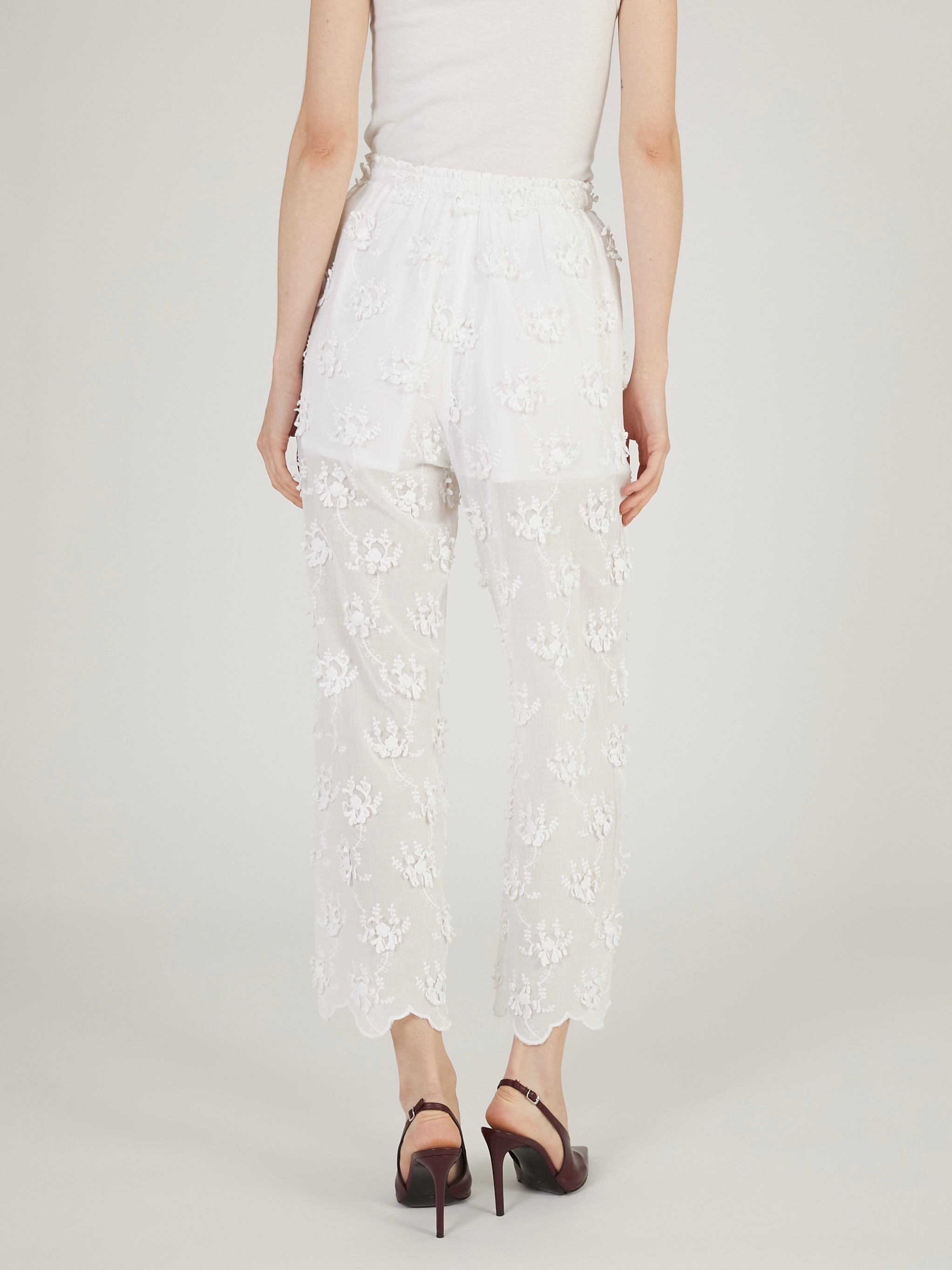 sheer cotton 3D embroidery easy pants｜WHITE
