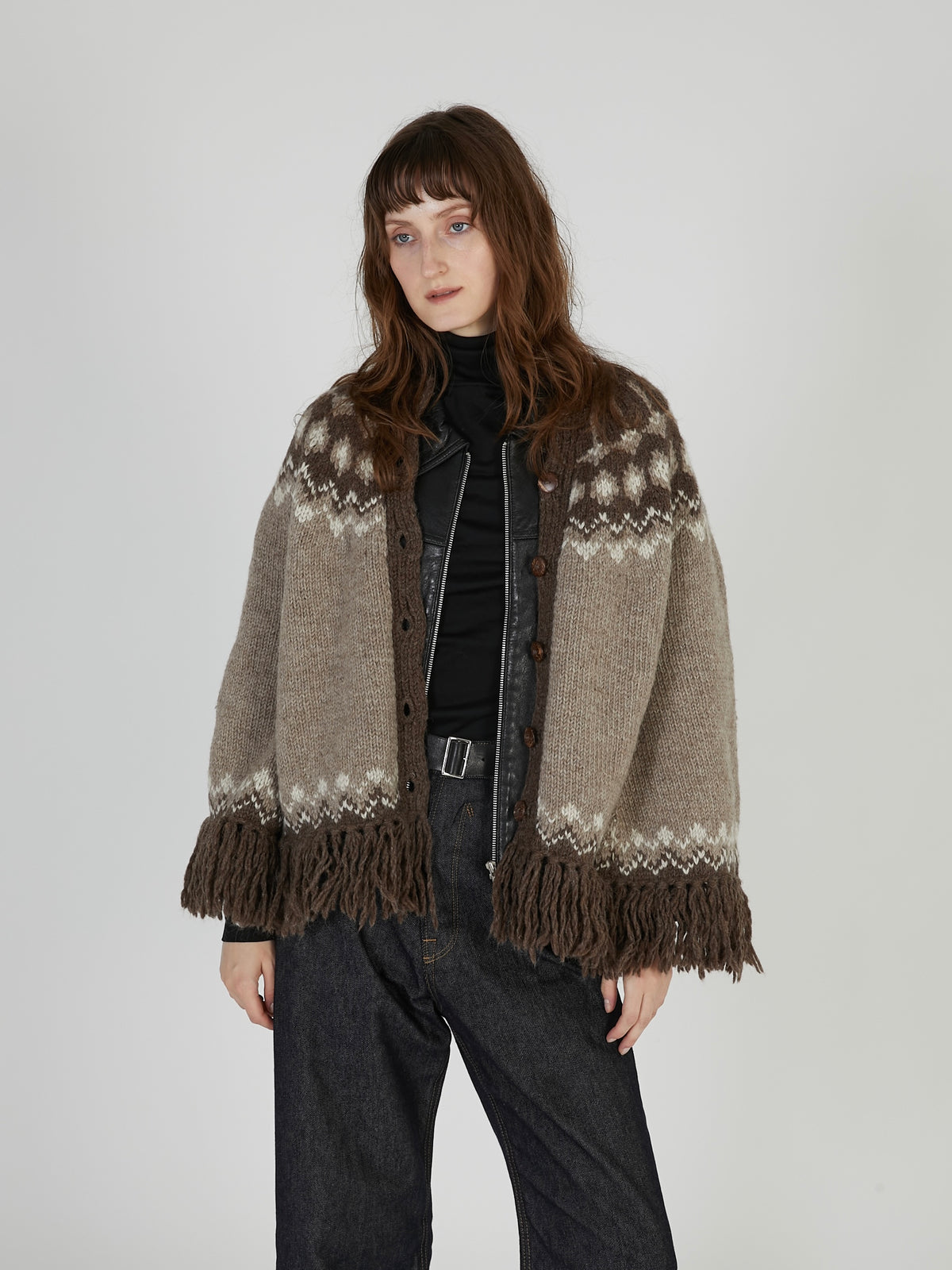 fair isle fringe hand knit cardigan｜BROWN