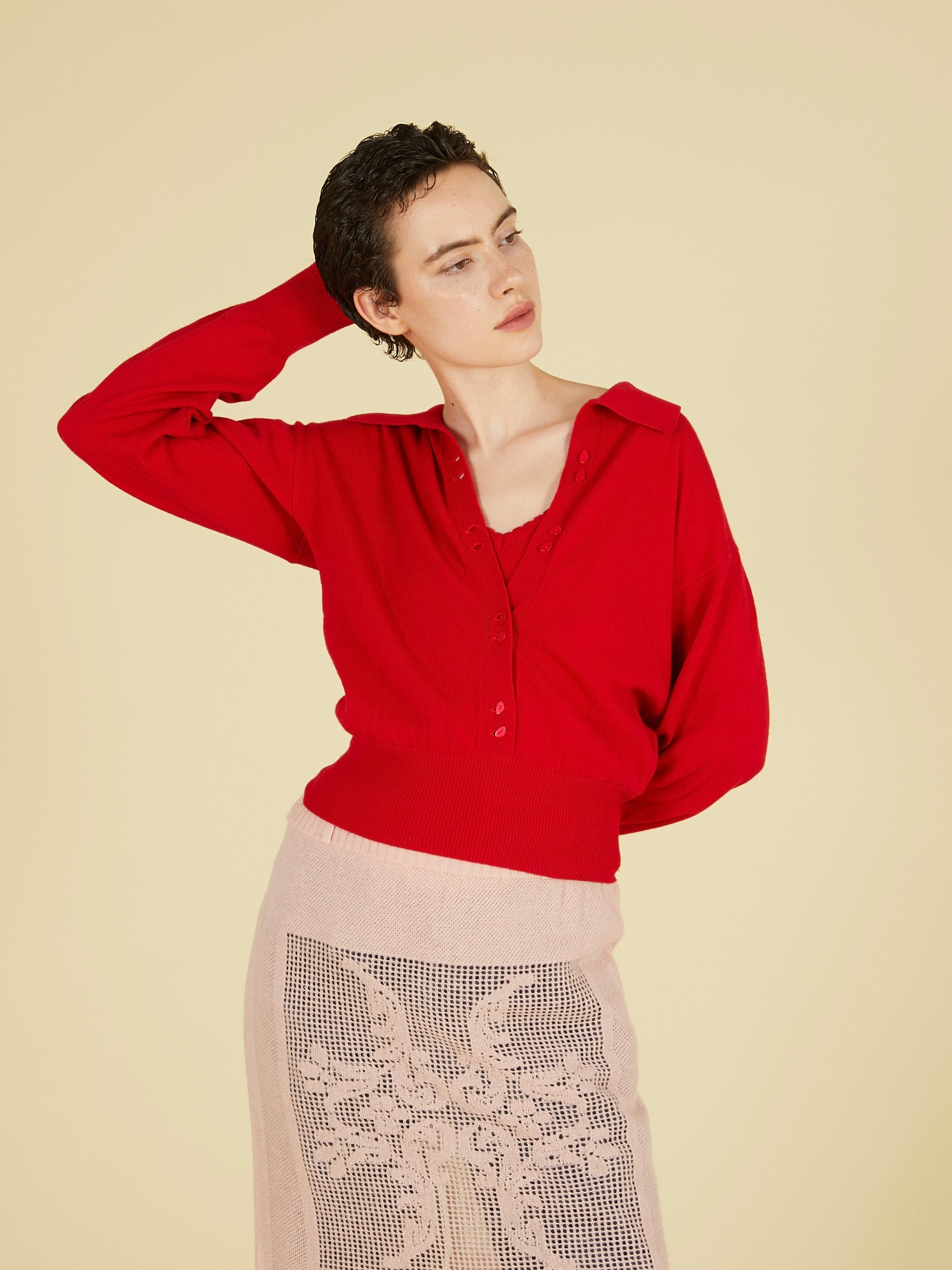 slow off knit top｜RED