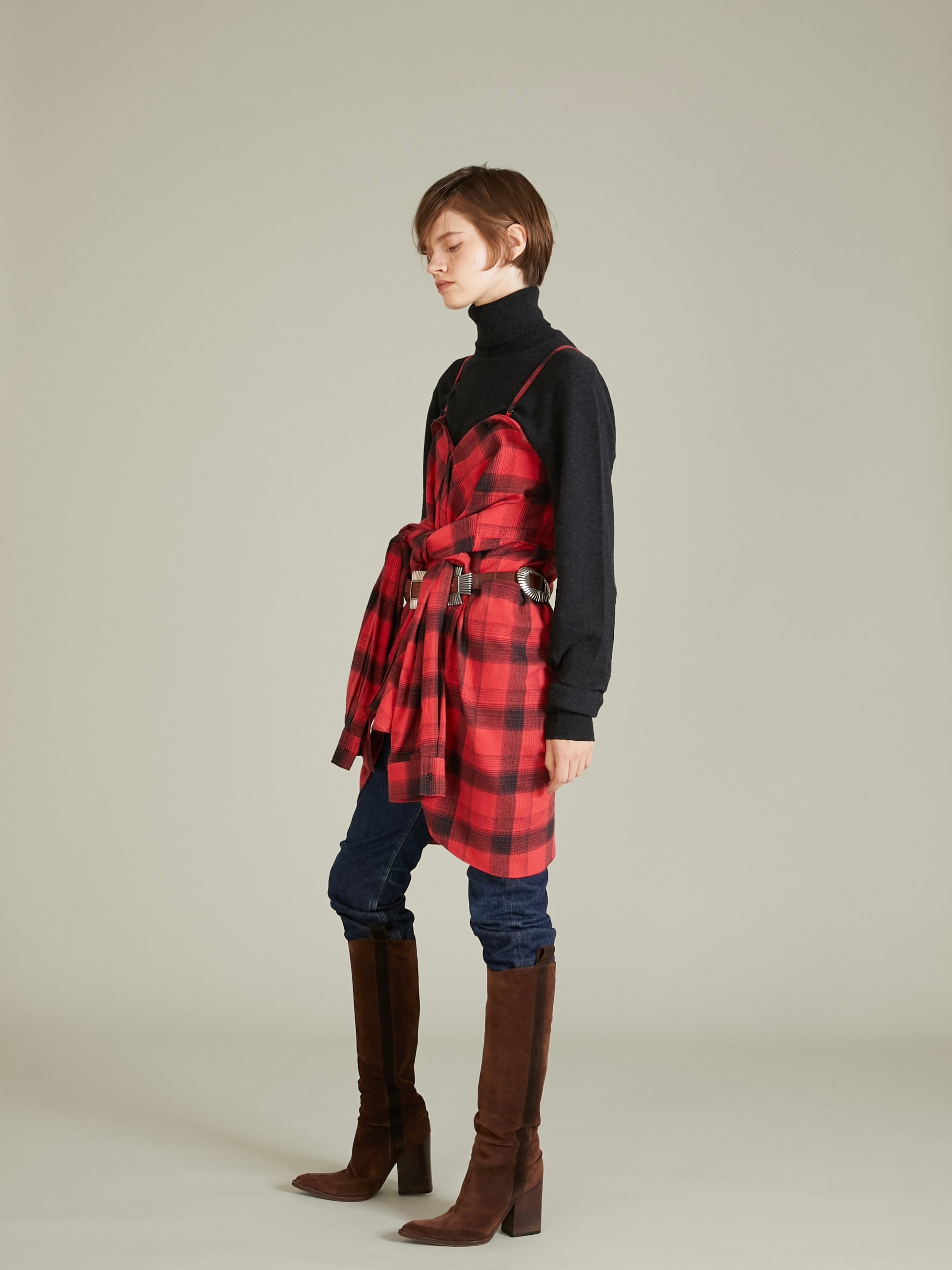 nel check shirt bustier｜RED