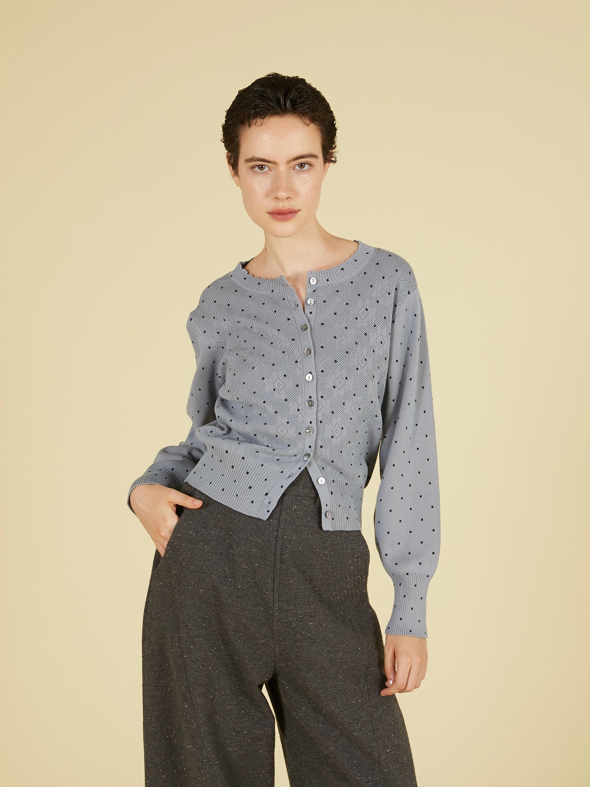 flower Jacquard dot cardigan｜GRAY