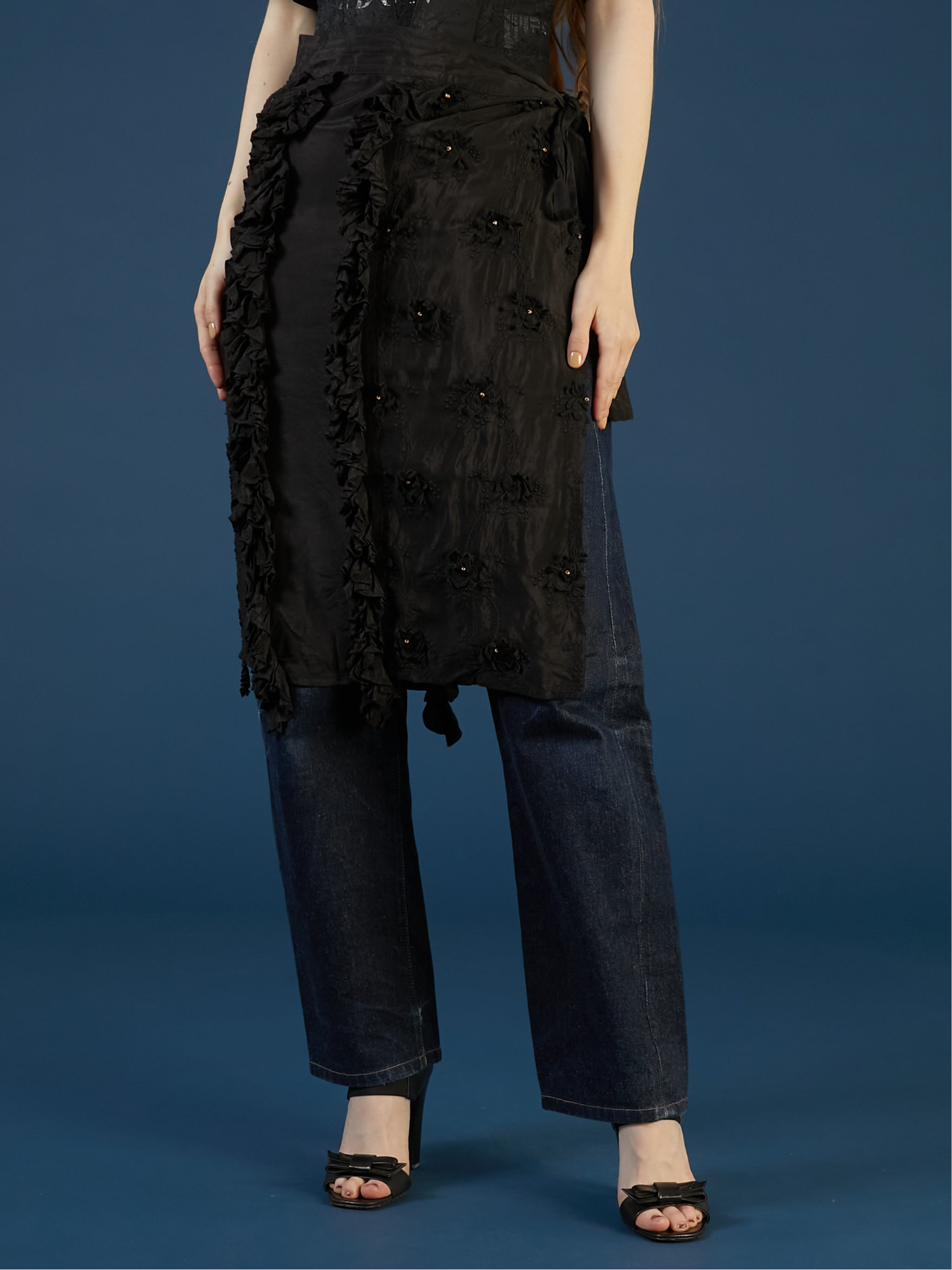 frill rayon shantung apron skirt | BLACK