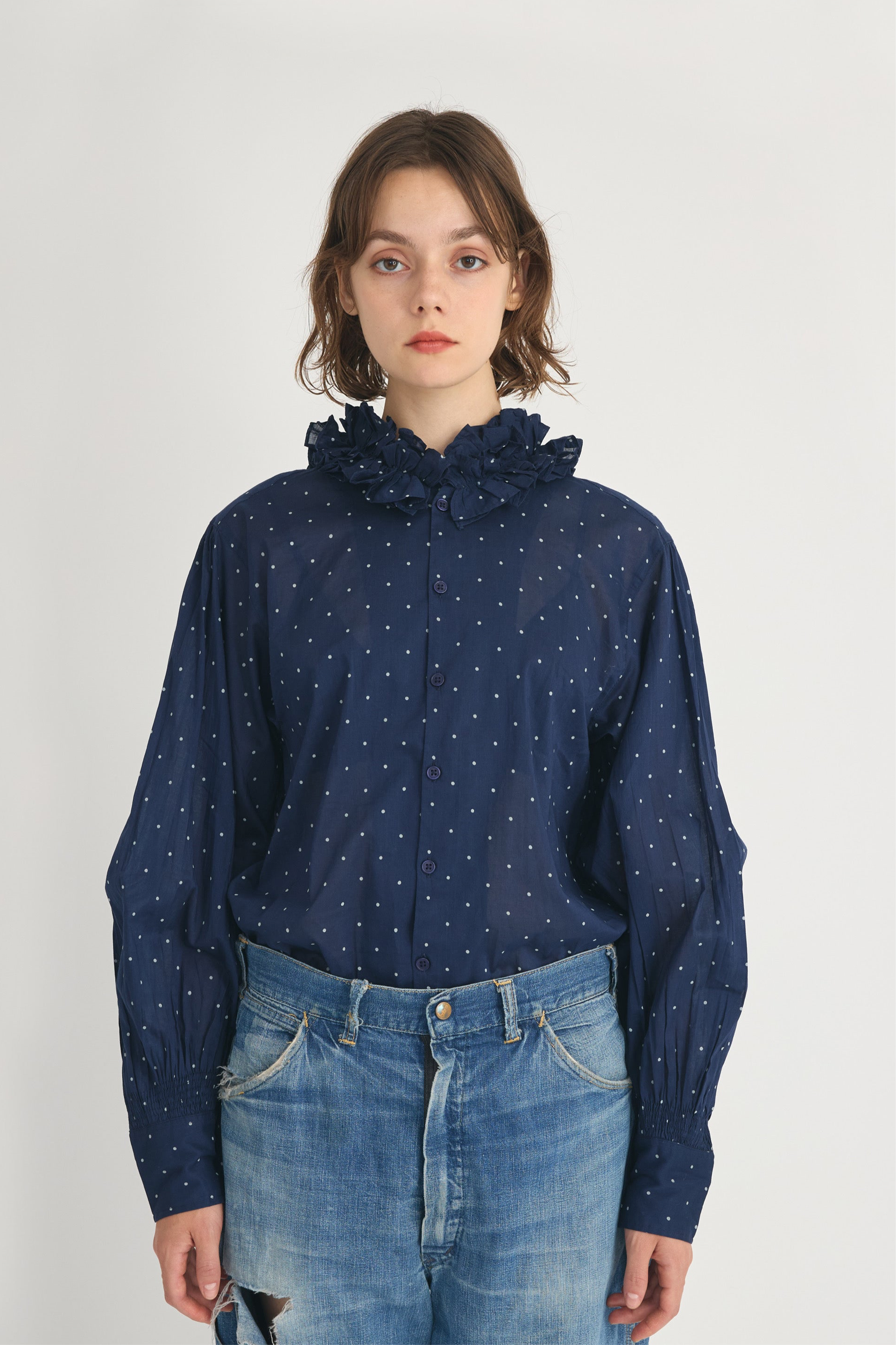 cotton frill collar dot shirts│NAVY